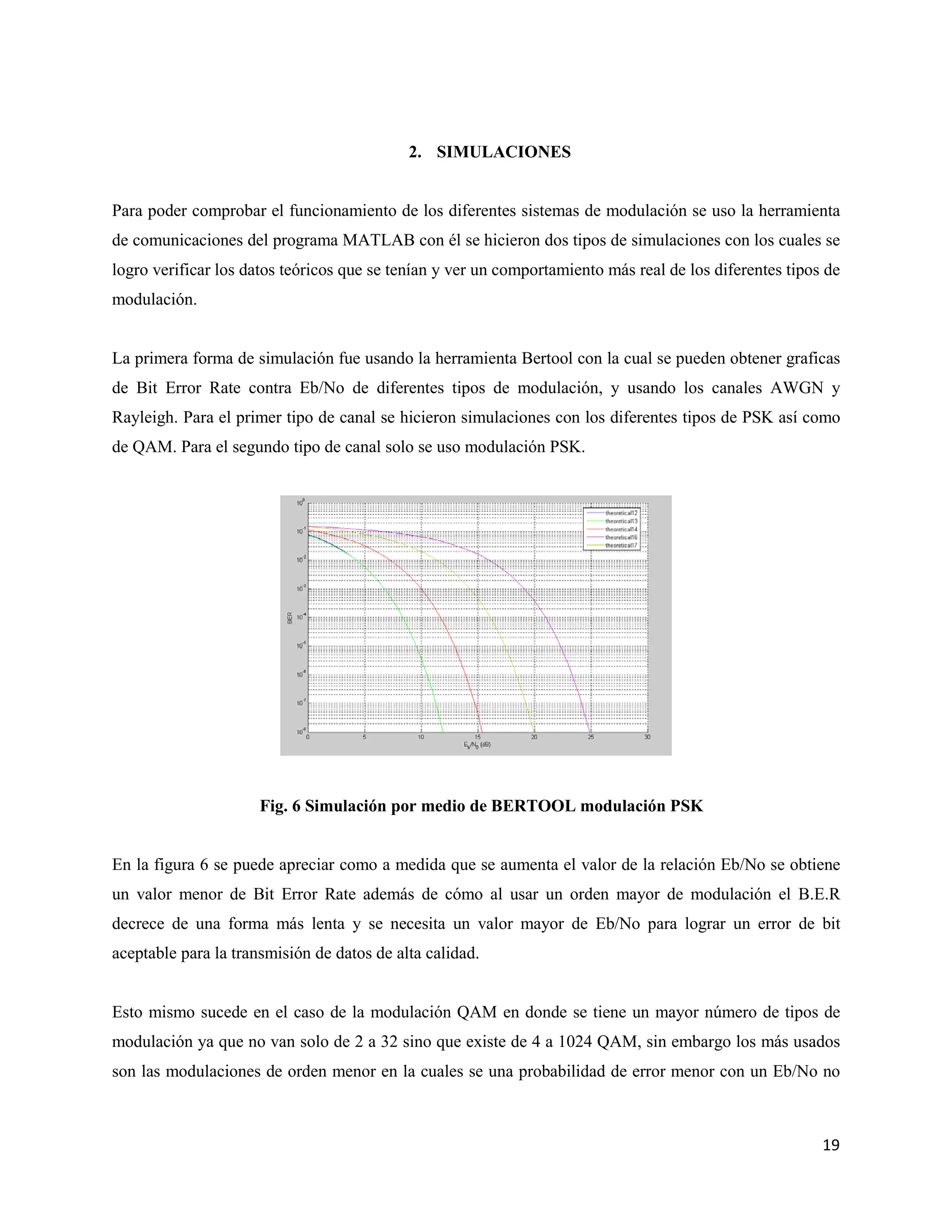 19
2. SIMULACIONES
Para poder comprobar el funcionamiento de los diferentes sistemas de modulación se uso la herramienta
de comunicaciones del programa MATLAB con él se hicieron dos tipos de simulaciones con los cuales se
logro verificar los datos teóricos que se tenían y ver un comportamiento más real de los diferentes tipos de
modulación.
La primera forma de simulación fue usando la herramienta Bertool con la cual se pueden obtener graficas
de Bit Error Rate contra Eb/No de diferentes tipos de modulación, y usando los canales AWGN y
Rayleigh. Para el primer tipo de canal se hicieron simulaciones con los diferentes tipos de PSK así como
de QAM. Para el segundo tipo de canal solo se uso modulación PSK.
Fig. 6 Simulación por medio de BERTOOL modulación PSK
En la figura 6 se puede apreciar como a medida que se aumenta el valor de la relación Eb/No se obtiene
un valor menor de Bit Error Rate además de cómo al usar un orden mayor de modulación el B.E.R
decrece de una forma más lenta y se necesita un valor mayor de Eb/No para lograr un error de bit
aceptable para la transmisión de datos de alta calidad.
Esto mismo sucede en el caso de la modulación QAM en donde se tiene un mayor número de tipos de
modulación ya que no van solo de 2 a 32 sino que existe de 4 a 1024 QAM, sin embargo los más usados
son las modulaciones de orden menor en la cuales se una probabilidad de error menor con un Eb/No no
 