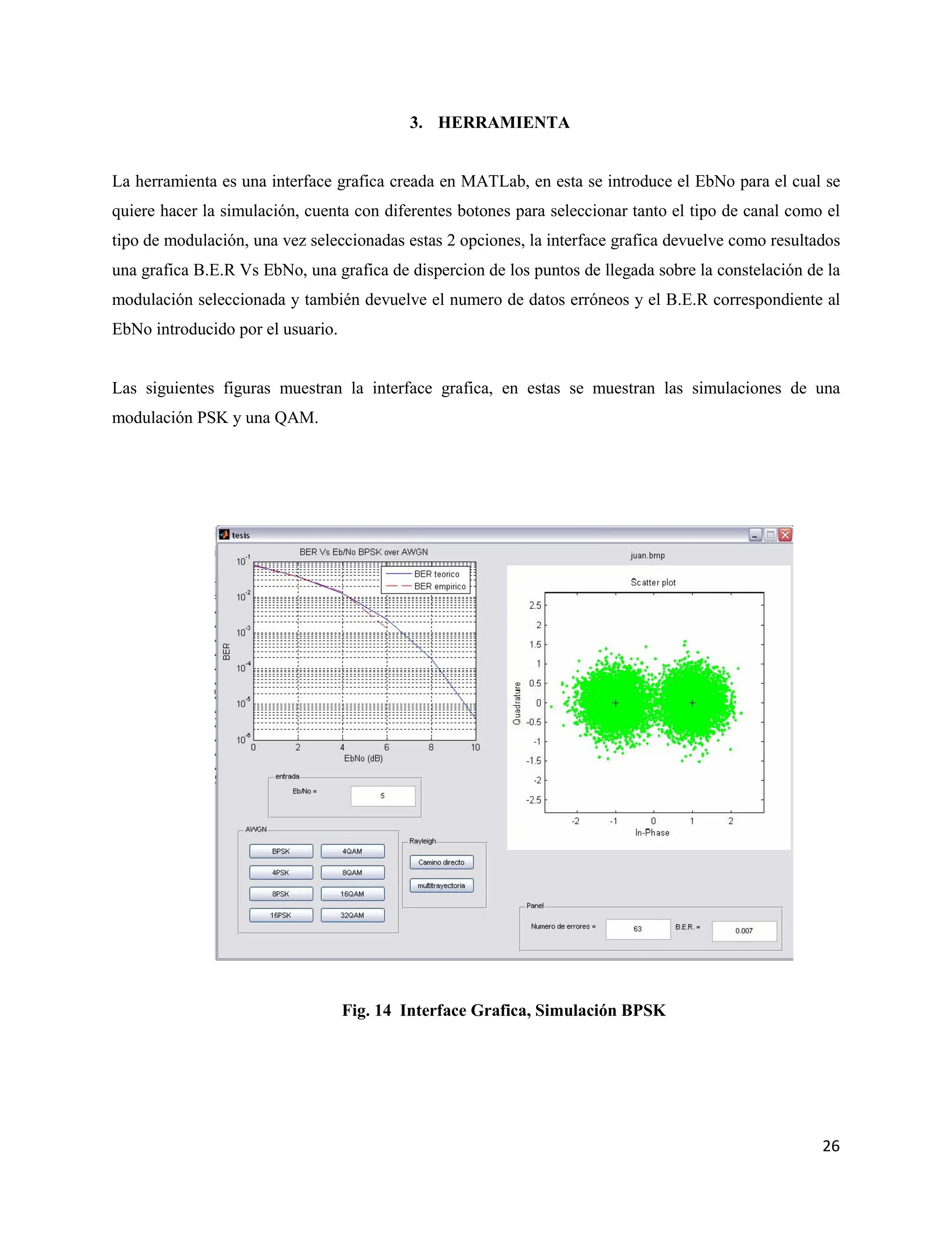 26
3. HERRAMIENTA
La herramienta es una interface grafica creada en MATLab, en esta se introduce el EbNo para el cual se
quiere hacer la simulación, cuenta con diferentes botones para seleccionar tanto el tipo de canal como el
tipo de modulación, una vez seleccionadas estas 2 opciones, la interface grafica devuelve como resultados
una grafica B.E.R Vs EbNo, una grafica de dispercion de los puntos de llegada sobre la constelación de la
modulación seleccionada y también devuelve el numero de datos erróneos y el B.E.R correspondiente al
EbNo introducido por el usuario.
Las siguientes figuras muestran la interface grafica, en estas se muestran las simulaciones de una
modulación PSK y una QAM.
Fig. 14 Interface Grafica, Simulación BPSK
 