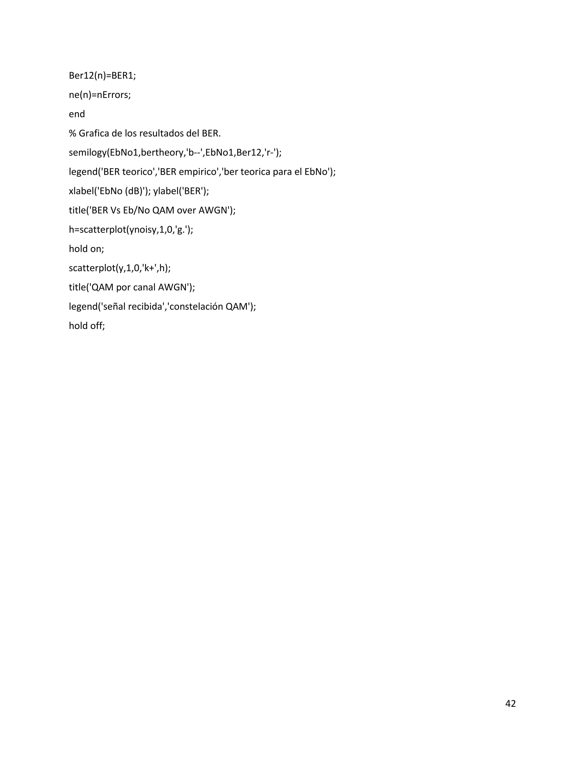 42
Ber12(n)=BER1;
ne(n)=nErrors;
end
% Grafica de los resultados del BER.
semilogy(EbNo1,bertheory,'b‐‐',EbNo1,Ber12,'r‐');
legend('BER teorico','BER empirico','ber teorica para el EbNo');
xlabel('EbNo (dB)'); ylabel('BER');
title('BER Vs Eb/No QAM over AWGN');
h=scatterplot(ynoisy,1,0,'g.');
hold on;
scatterplot(y,1,0,'k+',h);
title('QAM por canal AWGN');
legend('señal recibida','constelación QAM');
hold off;
 