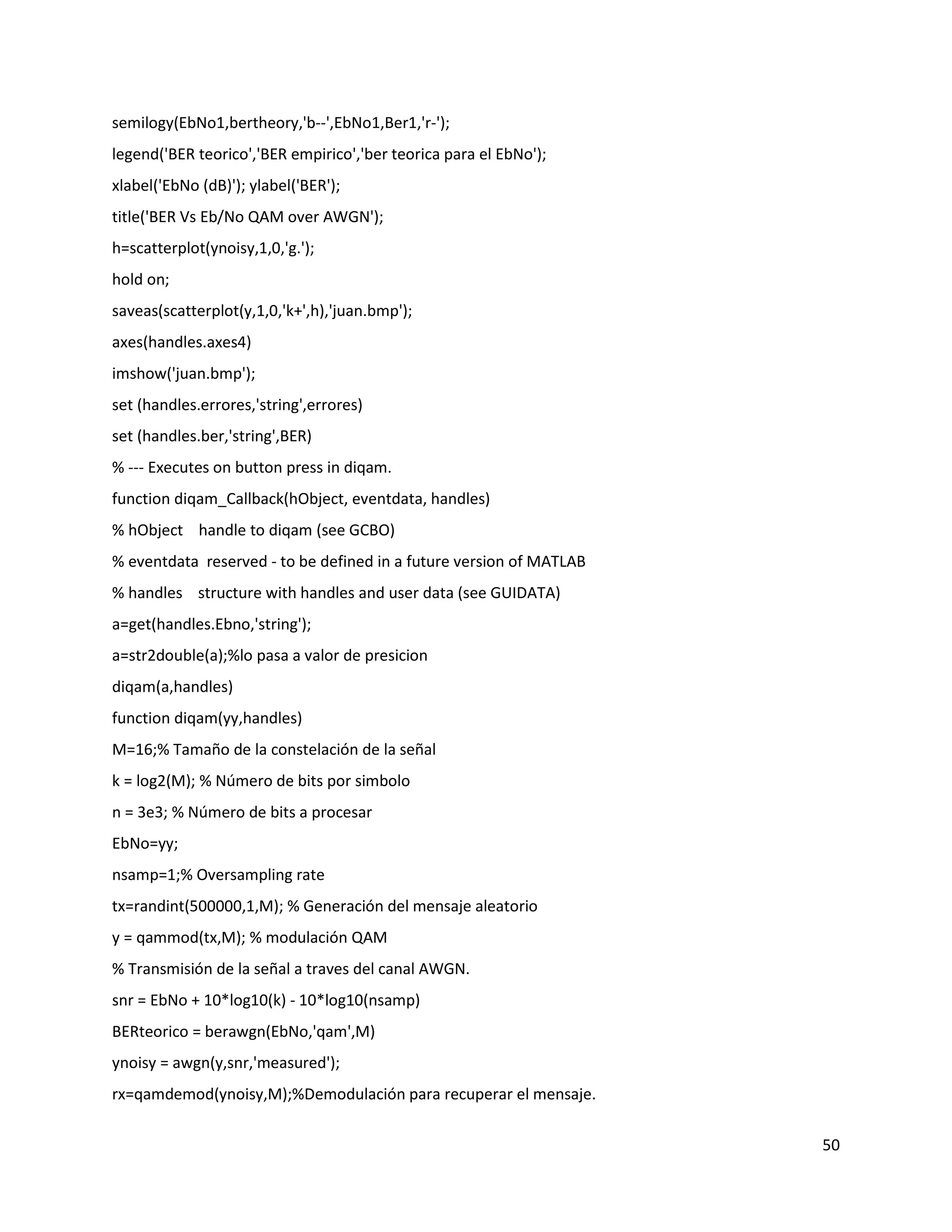 50
semilogy(EbNo1,bertheory,'b‐‐',EbNo1,Ber1,'r‐');
legend('BER teorico','BER empirico','ber teorica para el EbNo');
xlabel('EbNo (dB)'); ylabel('BER');
title('BER Vs Eb/No QAM over AWGN');
h=scatterplot(ynoisy,1,0,'g.');
hold on;
saveas(scatterplot(y,1,0,'k+',h),'juan.bmp');
axes(handles.axes4)
imshow('juan.bmp');
set (handles.errores,'string',errores)
set (handles.ber,'string',BER)
% ‐‐‐ Executes on button press in diqam.
function diqam_Callback(hObject, eventdata, handles)
% hObject handle to diqam (see GCBO)
% eventdata reserved ‐ to be defined in a future version of MATLAB
% handles structure with handles and user data (see GUIDATA)
a=get(handles.Ebno,'string');
a=str2double(a);%lo pasa a valor de presicion
diqam(a,handles)
function diqam(yy,handles)
M=16;% Tamaño de la constelación de la señal
k = log2(M); % Número de bits por simbolo
n = 3e3; % Número de bits a procesar
EbNo=yy;
nsamp=1;% Oversampling rate
tx=randint(500000,1,M); % Generación del mensaje aleatorio
y = qammod(tx,M); % modulación QAM
% Transmisión de la señal a traves del canal AWGN.
snr = EbNo + 10*log10(k) ‐ 10*log10(nsamp)
BERteorico = berawgn(EbNo,'qam',M)
ynoisy = awgn(y,snr,'measured');
rx=qamdemod(ynoisy,M);%Demodulación para recuperar el mensaje.
 