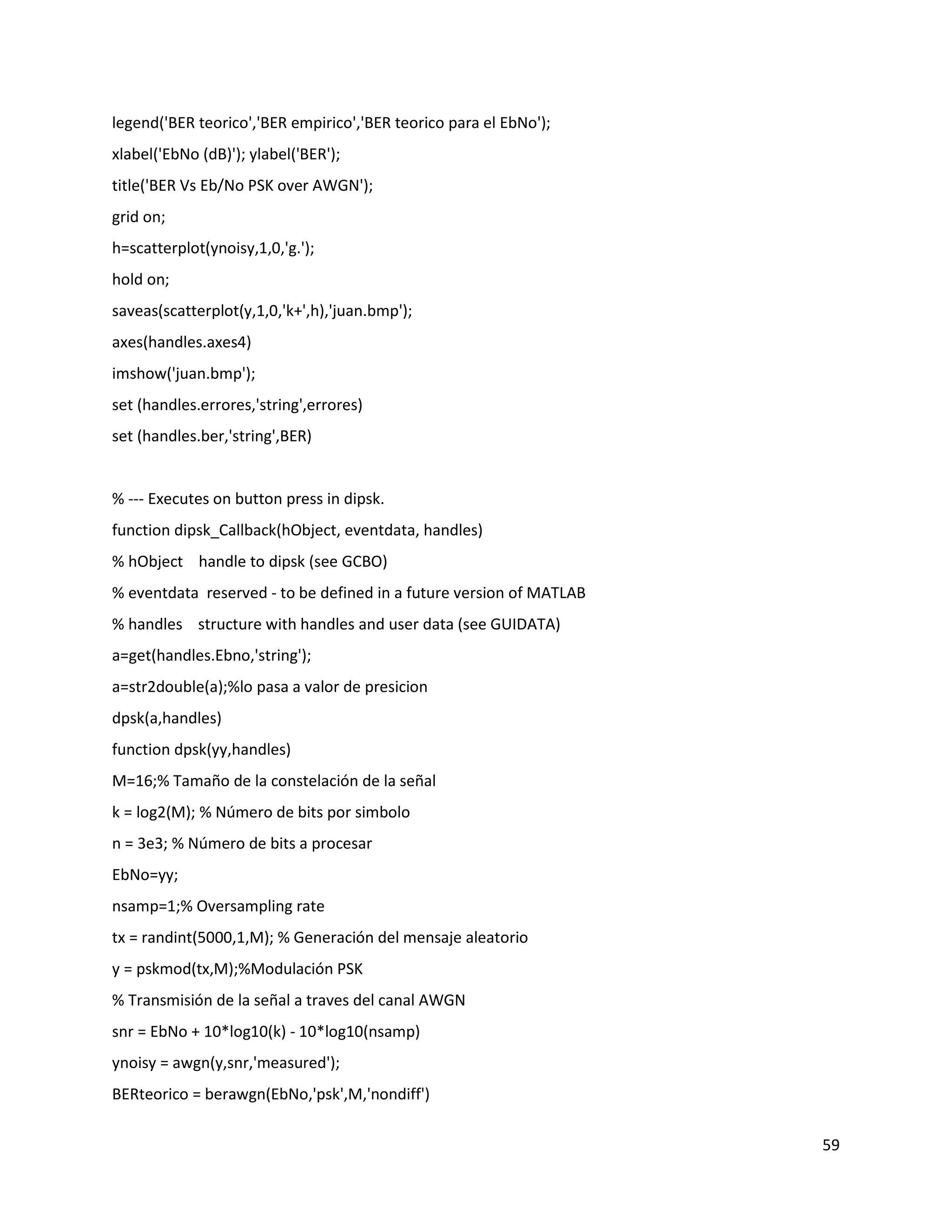 59
legend('BER teorico','BER empirico','BER teorico para el EbNo');
xlabel('EbNo (dB)'); ylabel('BER');
title('BER Vs Eb/No PSK over AWGN');
grid on;
h=scatterplot(ynoisy,1,0,'g.');
hold on;
saveas(scatterplot(y,1,0,'k+',h),'juan.bmp');
axes(handles.axes4)
imshow('juan.bmp');
set (handles.errores,'string',errores)
set (handles.ber,'string',BER)
% ‐‐‐ Executes on button press in dipsk.
function dipsk_Callback(hObject, eventdata, handles)
% hObject handle to dipsk (see GCBO)
% eventdata reserved ‐ to be defined in a future version of MATLAB
% handles structure with handles and user data (see GUIDATA)
a=get(handles.Ebno,'string');
a=str2double(a);%lo pasa a valor de presicion
dpsk(a,handles)
function dpsk(yy,handles)
M=16;% Tamaño de la constelación de la señal
k = log2(M); % Número de bits por simbolo
n = 3e3; % Número de bits a procesar
EbNo=yy;
nsamp=1;% Oversampling rate
tx = randint(5000,1,M); % Generación del mensaje aleatorio
y = pskmod(tx,M);%Modulación PSK
% Transmisión de la señal a traves del canal AWGN
snr = EbNo + 10*log10(k) ‐ 10*log10(nsamp)
ynoisy = awgn(y,snr,'measured');
BERteorico = berawgn(EbNo,'psk',M,'nondiff')
 
