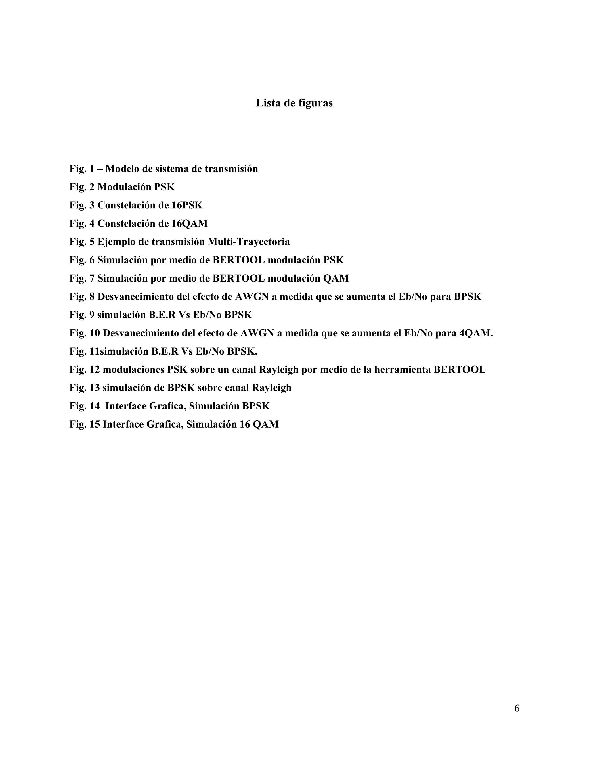 6
Lista de figuras
Fig. 1 – Modelo de sistema de transmisión
Fig. 2 Modulación PSK
Fig. 3 Constelación de 16PSK
Fig. 4 Constelación de 16QAM
Fig. 5 Ejemplo de transmisión Multi-Trayectoria
Fig. 6 Simulación por medio de BERTOOL modulación PSK
Fig. 7 Simulación por medio de BERTOOL modulación QAM
Fig. 8 Desvanecimiento del efecto de AWGN a medida que se aumenta el Eb/No para BPSK
Fig. 9 simulación B.E.R Vs Eb/No BPSK
Fig. 10 Desvanecimiento del efecto de AWGN a medida que se aumenta el Eb/No para 4QAM.
Fig. 11simulación B.E.R Vs Eb/No BPSK.
Fig. 12 modulaciones PSK sobre un canal Rayleigh por medio de la herramienta BERTOOL
Fig. 13 simulación de BPSK sobre canal Rayleigh
Fig. 14 Interface Grafica, Simulación BPSK
Fig. 15 Interface Grafica, Simulación 16 QAM
 