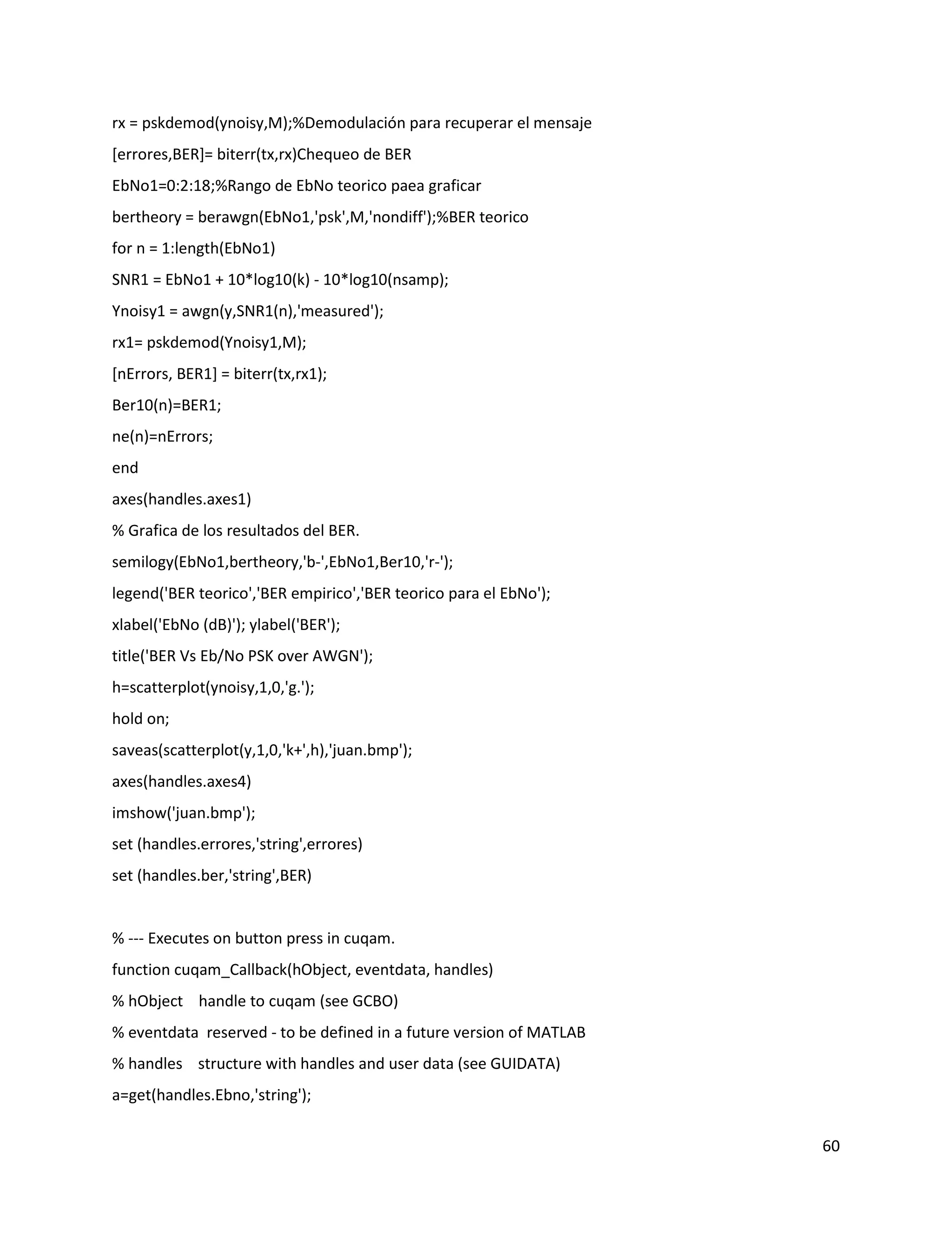 60
rx = pskdemod(ynoisy,M);%Demodulación para recuperar el mensaje
[errores,BER]= biterr(tx,rx)Chequeo de BER
EbNo1=0:2:18;%Rango de EbNo teorico paea graficar
bertheory = berawgn(EbNo1,'psk',M,'nondiff');%BER teorico
for n = 1:length(EbNo1)
SNR1 = EbNo1 + 10*log10(k) ‐ 10*log10(nsamp);
Ynoisy1 = awgn(y,SNR1(n),'measured');
rx1= pskdemod(Ynoisy1,M);
[nErrors, BER1] = biterr(tx,rx1);
Ber10(n)=BER1;
ne(n)=nErrors;
end
axes(handles.axes1)
% Grafica de los resultados del BER.
semilogy(EbNo1,bertheory,'b‐',EbNo1,Ber10,'r‐');
legend('BER teorico','BER empirico','BER teorico para el EbNo');
xlabel('EbNo (dB)'); ylabel('BER');
title('BER Vs Eb/No PSK over AWGN');
h=scatterplot(ynoisy,1,0,'g.');
hold on;
saveas(scatterplot(y,1,0,'k+',h),'juan.bmp');
axes(handles.axes4)
imshow('juan.bmp');
set (handles.errores,'string',errores)
set (handles.ber,'string',BER)
% ‐‐‐ Executes on button press in cuqam.
function cuqam_Callback(hObject, eventdata, handles)
% hObject handle to cuqam (see GCBO)
% eventdata reserved ‐ to be defined in a future version of MATLAB
% handles structure with handles and user data (see GUIDATA)
a=get(handles.Ebno,'string');
 