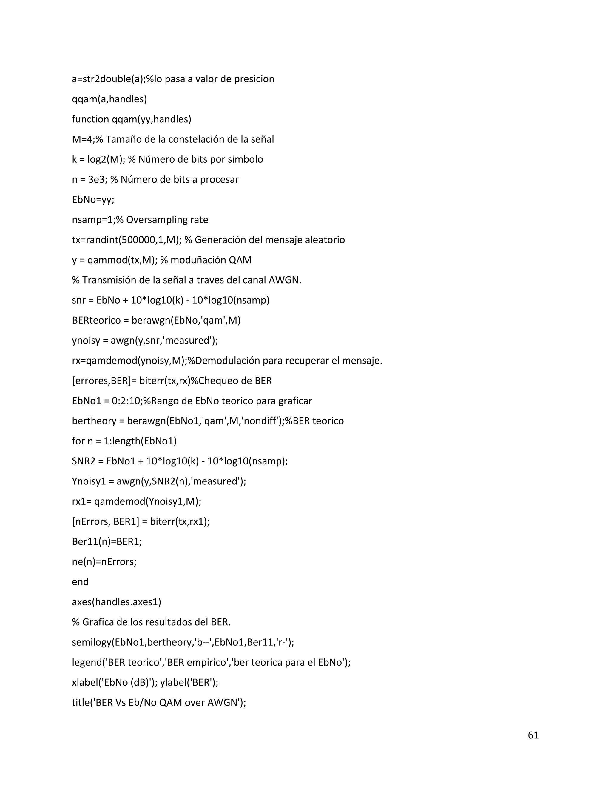 61
a=str2double(a);%lo pasa a valor de presicion
qqam(a,handles)
function qqam(yy,handles)
M=4;% Tamaño de la constelación de la señal
k = log2(M); % Número de bits por simbolo
n = 3e3; % Número de bits a procesar
EbNo=yy;
nsamp=1;% Oversampling rate
tx=randint(500000,1,M); % Generación del mensaje aleatorio
y = qammod(tx,M); % moduñación QAM
% Transmisión de la señal a traves del canal AWGN.
snr = EbNo + 10*log10(k) ‐ 10*log10(nsamp)
BERteorico = berawgn(EbNo,'qam',M)
ynoisy = awgn(y,snr,'measured');
rx=qamdemod(ynoisy,M);%Demodulación para recuperar el mensaje.
[errores,BER]= biterr(tx,rx)%Chequeo de BER
EbNo1 = 0:2:10;%Rango de EbNo teorico para graficar
bertheory = berawgn(EbNo1,'qam',M,'nondiff');%BER teorico
for n = 1:length(EbNo1)
SNR2 = EbNo1 + 10*log10(k) ‐ 10*log10(nsamp);
Ynoisy1 = awgn(y,SNR2(n),'measured');
rx1= qamdemod(Ynoisy1,M);
[nErrors, BER1] = biterr(tx,rx1);
Ber11(n)=BER1;
ne(n)=nErrors;
end
axes(handles.axes1)
% Grafica de los resultados del BER.
semilogy(EbNo1,bertheory,'b‐‐',EbNo1,Ber11,'r‐');
legend('BER teorico','BER empirico','ber teorica para el EbNo');
xlabel('EbNo (dB)'); ylabel('BER');
title('BER Vs Eb/No QAM over AWGN');
 
