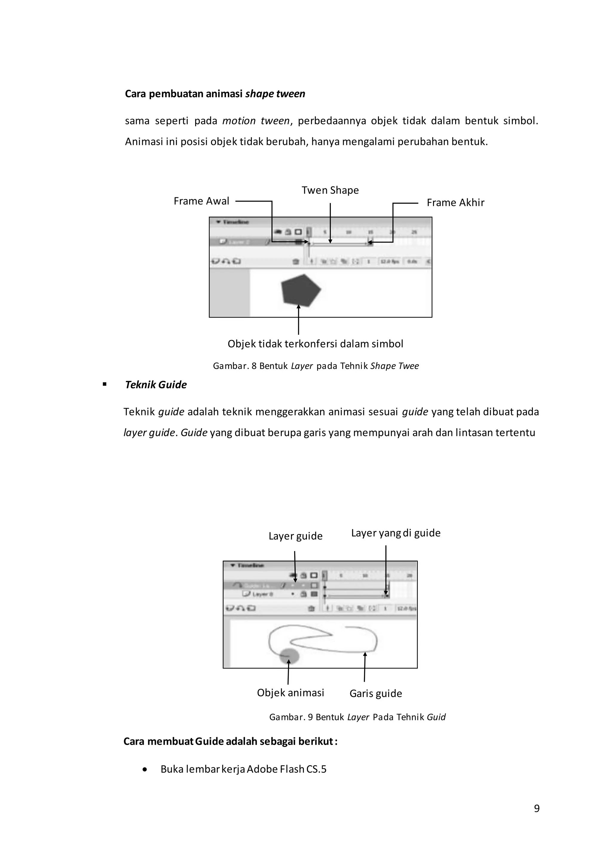 9
Cara pembuatan animasi shape tween
sama seperti pada motion tween, perbedaannya objek tidak dalam bentuk simbol.
Animasi ini posisi objek tidak berubah, hanya mengalami perubahan bentuk.
Gambar. 8 Bentuk Layer pada Tehnik Shape Twee
 Teknik Guide
Teknik guide adalah teknik menggerakkan animasi sesuai guide yang telah dibuat pada
layer guide. Guide yang dibuat berupa garis yang mempunyai arah dan lintasan tertentu
Gambar. 9 Bentuk Layer Pada Tehnik Guid
Cara membuatGuide adalah sebagai berikut:
 Buka lembarkerjaAdobe FlashCS.5
Frame Awal
Twen Shape
Frame Akhir
Objek tidak terkonfersi dalam simbol
Layer yangdi guideLayer guide
Garis guideObjek animasi
 