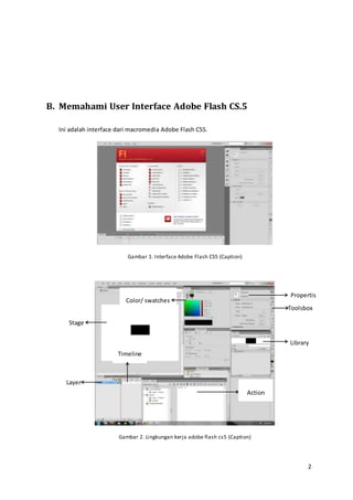 2
B. Memahami User Interface Adobe Flash CS.5
Ini adalah interface dari macromedia Adobe Flash CS5.
Gambar 1. Interface Adobe Flash CS5 (Caption)
Gambar 2. Lingkungan kerja adobe flash cs5 (Caption)
Toolsbox
Stage
Action
Layer
Timeline
Color/ swatches
Propertis
Library
 