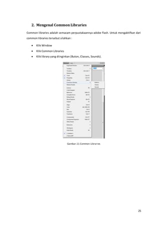 25
2. Mengenal Common Libraries
Common libraries adalah semacam perpustakaannya adobe flash. Untuk mengaktifkan dari
common libraries tersebut silahkan :
 Klik Window
 Klik Common Libraries
 Klik library yang diinginkan (Buton, Classes, Sounds).
Gambar.11 Common Libraries
 