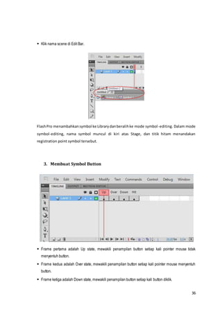 36
 Klik nama scene di Edit Bar.
FlashPro menambahkansymbol ke Librarydanberalihke mode symbol-editing. Dalam mode
symbol-editing, nama symbol muncul di kiri atas Stage, dan titik hitam menandakan
registration point symbol tersebut.
3. Membuat Symbol Button
 Frame pertama adalah Up state, mewakili penampilan button setiap kali pointer mouse tidak
menyentuh button.
 Frame kedua adalah Over state, mewakili penampilan button setiap kali pointer mouse menyentuh
button.
 Frame ketiga adalah Down state, mewakili penampilan button setiap kali button diklik.
 