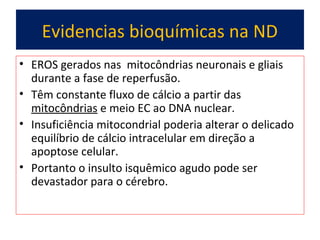Evidencias bioquímicas na ND
• EROS gerados nas mitocôndrias neuronais e gliais
durante a fase de reperfusão.
• Têm constante fluxo de cálcio a partir das
mitocôndrias e meio EC ao DNA nuclear.
• Insuficiência mitocondrial poderia alterar o delicado
equilíbrio de cálcio intracelular em direção a
apoptose celular.
• Portanto o insulto isquêmico agudo pode ser
devastador para o cérebro.

 