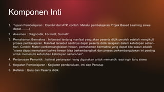 Komponen Inti
1. Tujuan Pembelajaran : Diambil dari ATP, contoh: Melalui pembelajaran Projek Based Learning siswa
dapat……..)
2. Asesmen : Diagnostik, Formatif, Sumatif
3. Pemahaman Bermakna : Informasi tentang manfaat yang akan peserta didik peroleh setelah mengikuti
proses pembelajaran. Manfaat tersebut nantinya dapat peserta didik terapkan dalam kehidupan sehari-
hari. Contoh: Materi perkembangbiakan hewan, pemahaman bermakna yang dapat kita susun adalah
“siswa dapat memahami bahwa hewan bisa berkembangbiak dan proses perkembangbiakan ini penting
untuk memenuhi kebutuhan kehidupan sehari-hari”.
4. Pertanyaan Pemantik : kalimat pertanyaan yang digunakan untuk memantik rasa ingin tahu siswa
5. Kegiatan Pembelajaran : Kegiatan pendahuluan, Inti dan Penutup
6. Refleksi : Guru dan Peserta didik
 