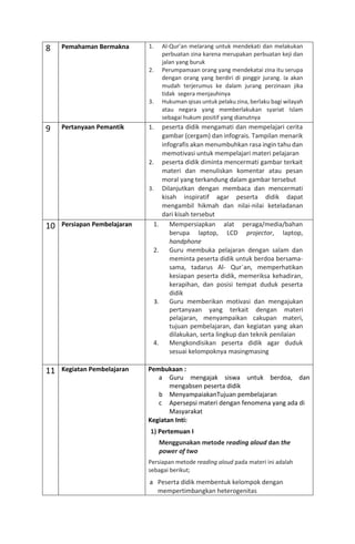 8 Pemahaman Bermakna 1. Al-Qur’an melarang untuk mendekati dan melakukan
perbuatan zina karena merupakan perbuatan keji dan
jalan yang buruk
2. Perumpamaan orang yang mendekatai zina itu serupa
dengan orang yang berdiri di pinggir jurang. Ia akan
mudah terjerumus ke dalam jurang perzinaan jika
tidak segera menjauhinya
3. Hukuman qisas untuk pelaku zina, berlaku bagi wilayah
atau negara yang memberlakukan syariat Islam
sebagai hukum positif yang dianutnya
9 Pertanyaan Pemantik 1. peserta didik mengamati dan mempelajari cerita
gambar (cergam) dan infograis. Tampilan menarik
infografis akan menumbuhkan rasa ingin tahu dan
memotivasi untuk mempelajari materi pelajaran
2. peserta didik diminta mencermati gambar terkait
materi dan menuliskan komentar atau pesan
moral yang terkandung dalam gambar tersebut
3. Dilanjutkan dengan membaca dan mencermati
kisah inspiratif agar peserta didik dapat
mengambil hikmah dan nilai-nilai keteladanan
dari kisah tersebut
10 Persiapan Pembelajaran 1. Mempersiapkan alat peraga/media/bahan
berupa laptop, LCD projector, laptop,
handphone
2. Guru membuka pelajaran dengan salam dan
meminta peserta didik untuk berdoa bersama-
sama, tadarus Al- Qur`an, memperhatikan
kesiapan peserta didik, memeriksa kehadiran,
kerapihan, dan posisi tempat duduk peserta
didik
3. Guru memberikan motivasi dan mengajukan
pertanyaan yang terkait dengan materi
pelajaran, menyampaikan cakupan materi,
tujuan pembelajaran, dan kegiatan yang akan
dilakukan, serta lingkup dan teknik penilaian
4. Mengkondisikan peserta didik agar duduk
sesuai kelompoknya masingmasing
11 Kegiatan Pembelajaran Pembukaan :
a Guru mengajak siswa untuk berdoa, dan
mengabsen peserta didik
b MenyampaiakanTujuan pembelajaran
c Apersepsi materi dengan fenomena yang ada di
Masyarakat
Kegiatan Inti:
1) Pertemuan I
Menggunakan metode reading aloud dan the
power of two
Persiapan metode reading aloud pada materi ini adalah
sebagai berikut;
a Peserta didik membentuk kelompok dengan
mempertimbangkan heterogenitas
 