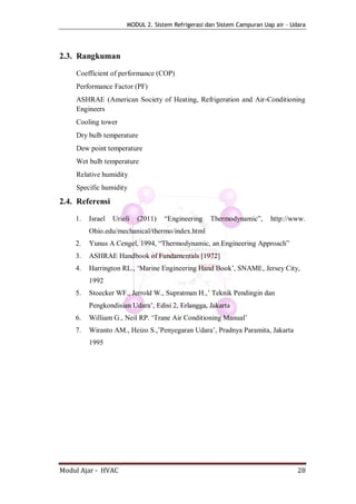 MODUL 2. Sistem Refrigerasi dan Sistem Campuran Uap air - Udara




2.3. Rangkuman

    Coefficient of performance (COP)
    Performance Factor (PF)
    ASHRAE (American Society of Heating, Refrigeration and Air-Conditioning
    Engineers
    Cooling tower
    Dry bulb temperature
    Dew point temperature
    Wet bulb temperature
    Relative humidity
    Specific humidity
2.4. Referensi

    1.   Israel   Urieli   (2011)   “Engineering    Thermodynamic”,      http://www.
         Ohio.edu/mechanical/thermo/index.html
    2.   Yunus A Cengel, 1994, “Thermodynamic, an Engineering Approach”
    3.   ASHRAE Handbook of Fundamentals [1972]
    4.   Harrington RL., ‘Marine Engineering Hand Book’, SNAME, Jersey City,
         1992
    5.   Stoecker WF., Jerrold W., Supratman H.,’ Teknik Pendingin dan
         Pengkondisian Udara’, Edisi 2, Erlangga, Jakarta
    6.   William G., Neil RP. ‘Trane Air Conditioning Manual’
    7.   Wiranto AM., Heizo S.,’Penyegaran Udara’, Pradnya Paramita, Jakarta
         1995




Modul Ajar - HVAC                                                                  28
 
