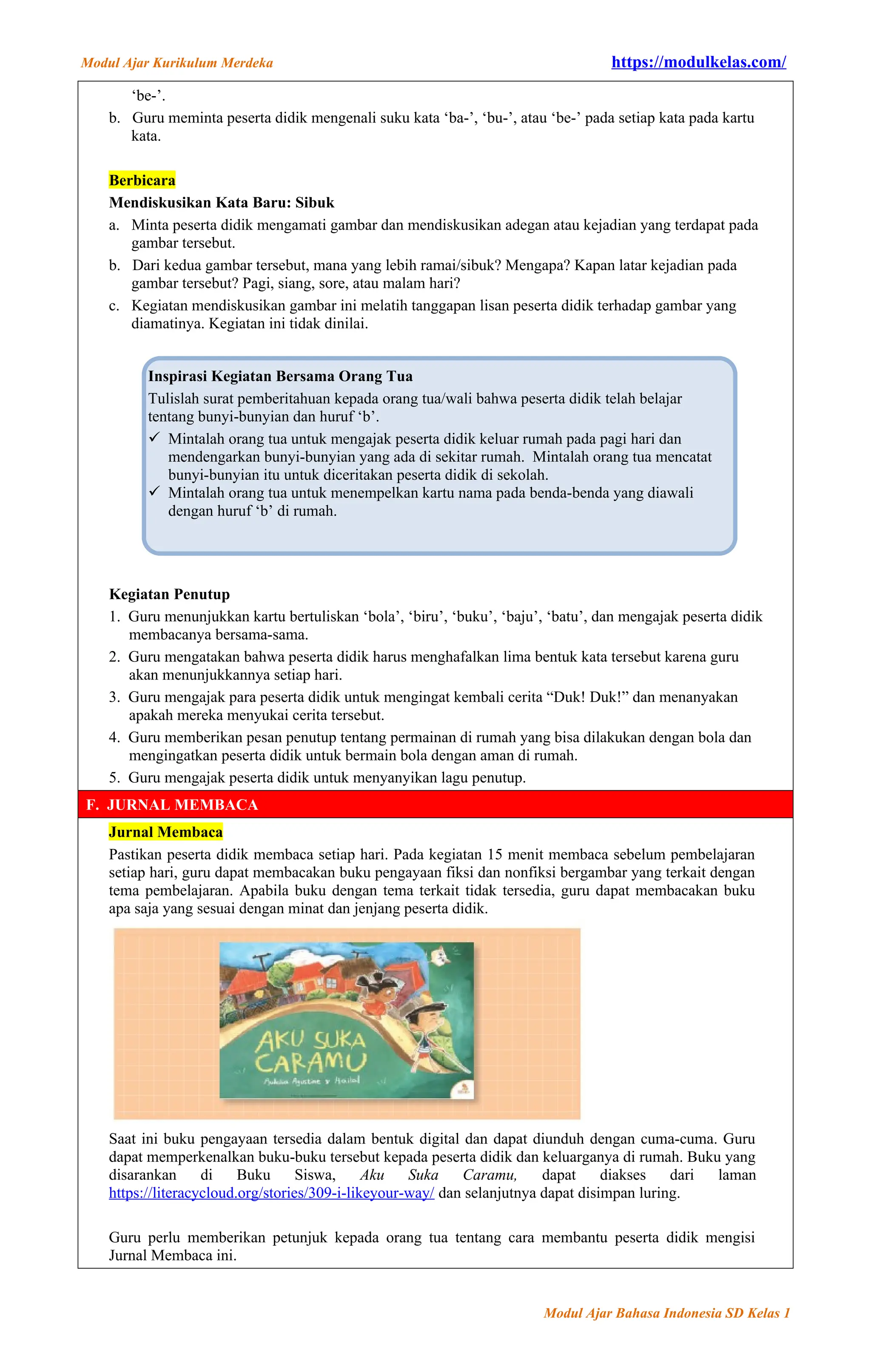 Modul Ajar Bahasa Indonesia Kelas 1 Fase A Kurikulum Merdeka ...