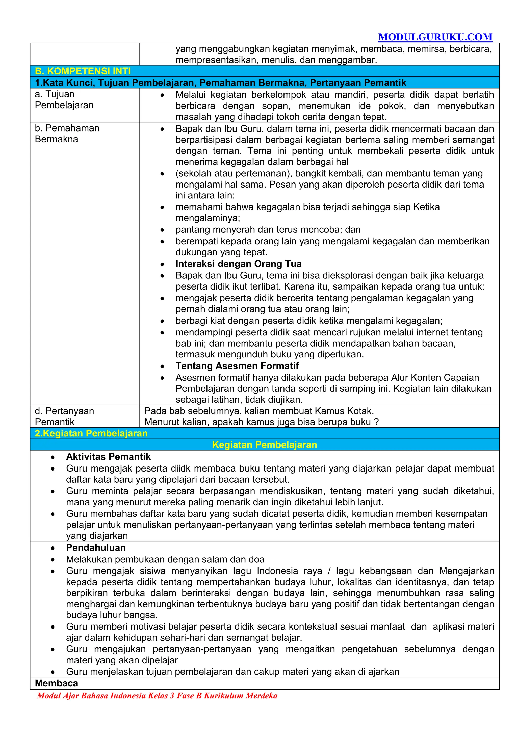 Modul Ajar Bahasa Indonesia Kelas 3 Fase B Kurikulum Merdeka | PDF