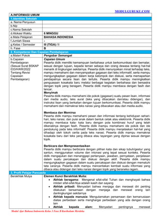 Modul Ajar Bahasa Indonesia Kelas 3 Fase B Kurikulum Merdeka | PDF