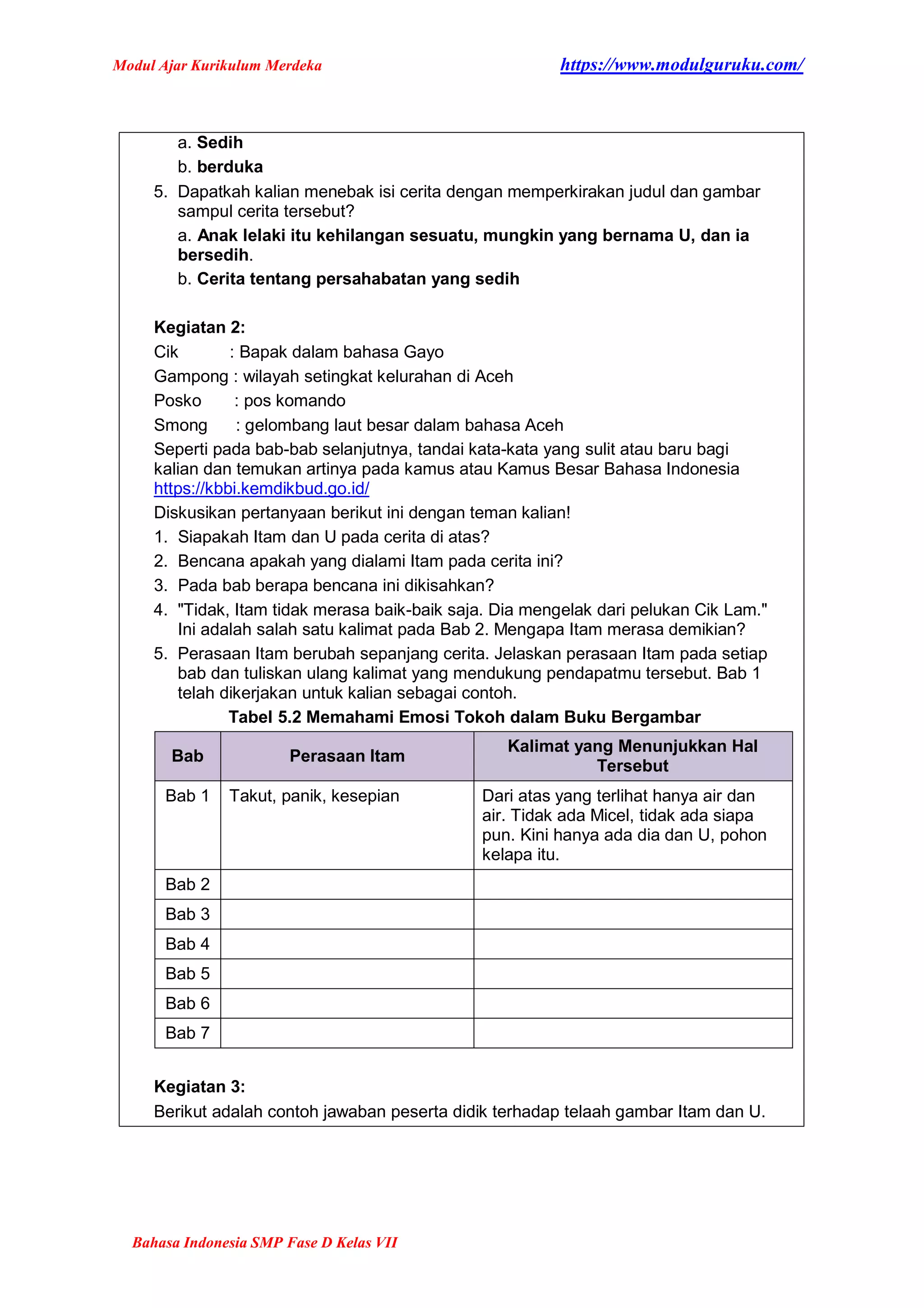 Modul Ajar Bahasa Indonesia Kelas 7 Smp Fase D Bab 5 Docx