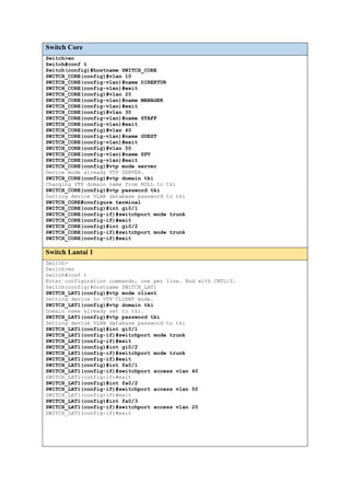 Switch Core
Switch>en
Switch#conf t
Switch(config)#hostname SWITCH_CORE
SWITCH_CORE(config)#vlan 10
SWITCH_CORE(config-vlan)#name DIREKTUR
SWITCH_CORE(config-vlan)#exit
SWITCH_CORE(config)#vlan 20
SWITCH_CORE(config-vlan)#name MANAGER
SWITCH_CORE(config-vlan)#exit
SWITCH_CORE(config)#vlan 30
SWITCH_CORE(config-vlan)#name STAFF
SWITCH_CORE(config-vlan)#exit
SWITCH_CORE(config)#vlan 40
SWITCH_CORE(config-vlan)#name GUEST
SWITCH_CORE(config-vlan)#exit
SWITCH_CORE(config)#vlan 50
SWITCH_CORE(config-vlan)#name SPV
SWITCH_CORE(config-vlan)#exit
SWITCH_CORE(config)#vtp mode server
Device mode already VTP SERVER.
SWITCH_CORE(config)#vtp domain tki
Changing VTP domain name from NULL to tki
SWITCH_CORE(config)#vtp password tki
Setting device VLAN database password to tki
SWITCH_CORE#configure terminal
SWITCH_CORE(config)#int gi0/1
SWITCH_CORE(config-if)#switchport mode trunk
SWITCH_CORE(config-if)#exit
SWITCH_CORE(config)#int gi0/2
SWITCH_CORE(config-if)#switchport mode trunk
SWITCH_CORE(config-if)#exit
Switch Lantai 1
Switch>
Switch>en
Switch#conf t
Enter configuration commands, one per line. End with CNTL/Z.
Switch(config)#hostname SWITCH_LAT1
SWITCH_LAT1(config)#vtp mode client
Setting device to VTP CLIENT mode.
SWITCH_LAT1(config)#vtp domain tki
Domain name already set to tki.
SWITCH_LAT1(config)#vtp password tki
Setting device VLAN database password to tki
SWITCH_LAT1(config)#int gi0/1
SWITCH_LAT1(config-if)#switchport mode trunk
SWITCH_LAT1(config-if)#exit
SWITCH_LAT1(config)#int gi0/2
SWITCH_LAT1(config-if)#switchport mode trunk
SWITCH_LAT1(config-if)#exit
SWITCH_LAT1(config)#int fa0/1
SWITCH_LAT1(config-if)#switchport access vlan 40
SWITCH_LAT1(config-if)#exit
SWITCH_LAT1(config)#int fa0/2
SWITCH_LAT1(config-if)#switchport access vlan 50
SWITCH_LAT1(config-if)#exit
SWITCH_LAT1(config)#int fa0/3
SWITCH_LAT1(config-if)#switchport access vlan 20
SWITCH_LAT1(config-if)#exit
 