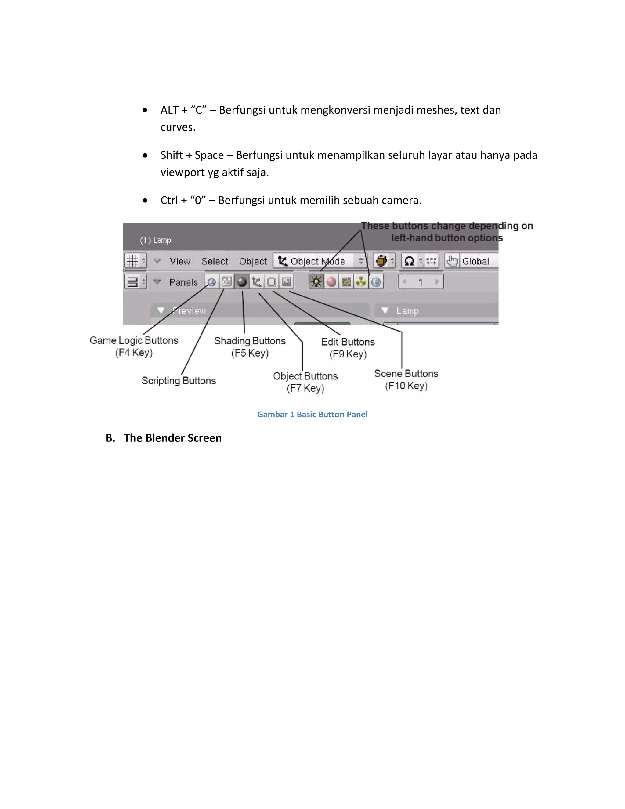• ALT + “C” – Berfungsi untuk mengkonversi menjadi meshes, text dan
curves.
• Shift + Space – Berfungsi untuk menampilkan seluruh layar atau hanya pada
viewport yg aktif saja.
• Ctrl + “0” – Berfungsi untuk memilih sebuah camera.
Gambar 1 Basic Button Panel
B. The Blender Screen
 