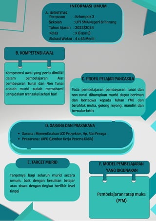 INFORMASI UMUM
A. IDENTITAS
Penyusun : Kelompok 3
Sekolah : UPT SMA Negeri 8 Pinrang
Tahun Ajaran : 2023/2024
Kelas : X (Fase E)
Alokasi Waktu : 4 x 45 Menit
B. KOMPETENSI AWAL
Kompetensi awal yang perlu dimiliki
dalam pembelajaran Alat
pembayaran Tunai dan Non Tunai
adalah murid sudah memahami
uang dalam transaksi sehari hari
C. PROFIL PELAJAR PANCASILA
Pada pembelajaran pembayaran tunai dan
non tunai diharapkan murid dapat beriman
dan bertaqwa kepada Tuhan YME dan
berahlak mulia, gotong royong, mandiri dan
bernalar kritis
D. SARANA DAN PRASARANA
Sarana : Memenfatakan LCD Proyektor, Hp, Alat Peraga
Prasarana : LKPD (Lembar Kerja Peserta Didik)
E. TARGET MURID F. MODEL PEMBELAJARAN
YANG DIGUNAKAN
Targetnya bagi seluruh murid secara
umum. baik dengan kesulitan belajar
atau siswa dengan tingkat berfikir level
tinggi
Pembelajaran tatap muka
(PTM)
 