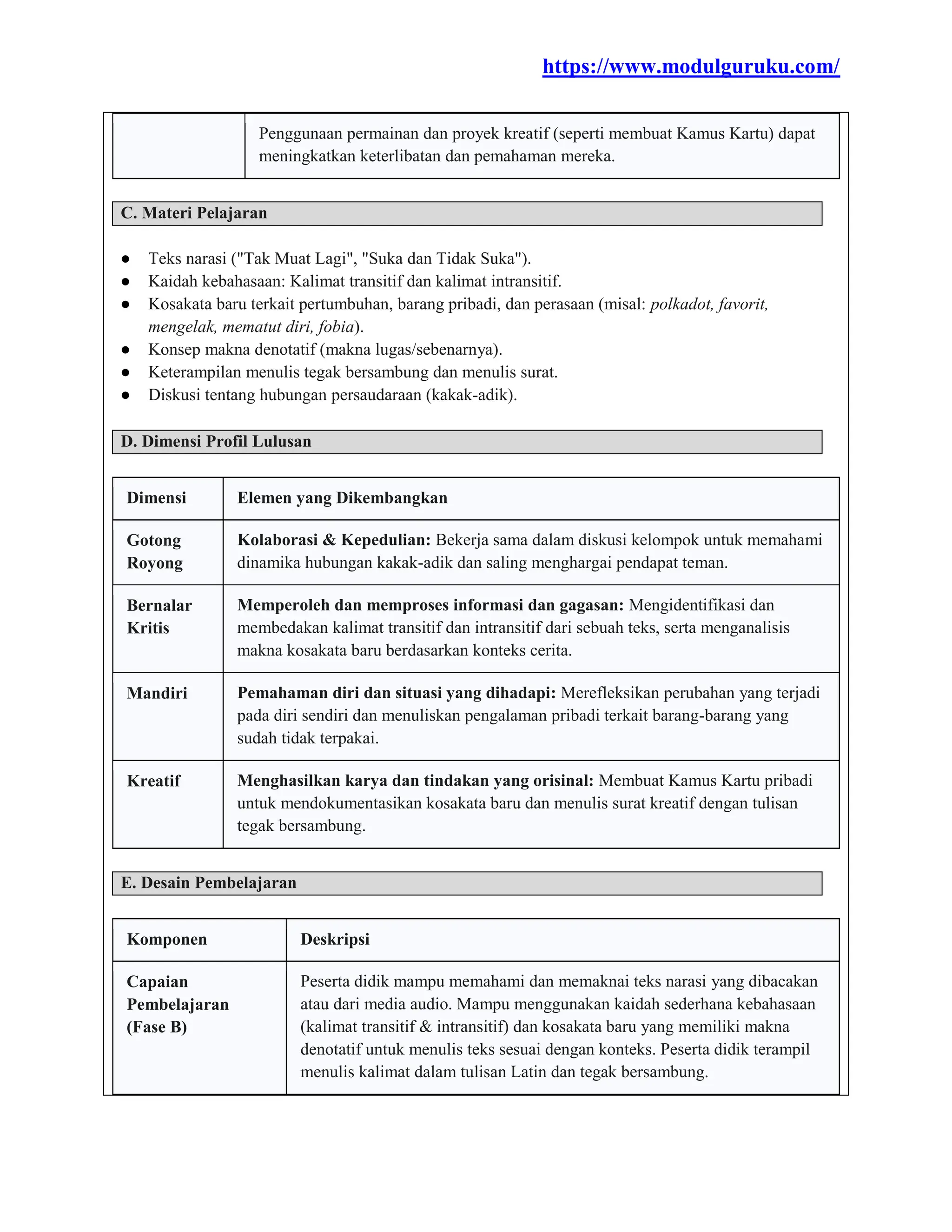 Modul Ajar Deep Learning Bahasa Indonesia Kelas 4 Kurikulum Merdeka | PDF