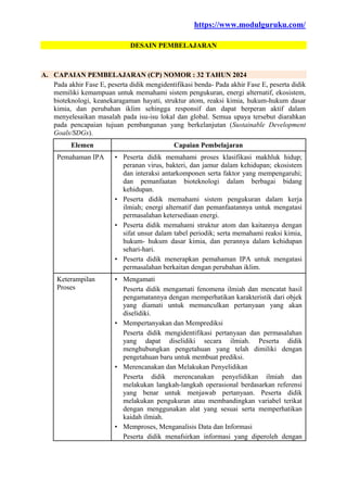 https://www.modulguruku.com/
DESAIN PEMBELAJARAN
A. CAPAIAN PEMBELAJARAN (CP) NOMOR : 32 TAHUN 2024
Pada akhir Fase E, peserta didik mengidentifikasi benda- Pada akhir Fase E, peserta didik
memiliki kemampuan untuk memahami sistem pengukuran, energi alternatif, ekosistem,
bioteknologi, keanekaragaman hayati, struktur atom, reaksi kimia, hukum-hukum dasar
kimia, dan perubahan iklim sehingga responsif dan dapat berperan aktif dalam
menyelesaikan masalah pada isu-isu lokal dan global. Semua upaya tersebut diarahkan
pada pencapaian tujuan pembangunan yang berkelanjutan (Sustainable Development
Goals/SDGs).
Elemen Capaian Pembelajaran
Pemahaman IPA • Peserta didik memahami proses klasifikasi makhluk hidup;
peranan virus, bakteri, dan jamur dalam kehidupan; ekosistem
dan interaksi antarkomponen serta faktor yang mempengaruhi;
dan pemanfaatan bioteknologi dalam berbagai bidang
kehidupan.
• Peserta didik memahami sistem pengukuran dalam kerja
ilmiah; energi alternatif dan pemanfaatannya untuk mengatasi
permasalahan ketersediaan energi.
• Peserta didik memahami struktur atom dan kaitannya dengan
sifat unsur dalam tabel periodik; serta memahami reaksi kimia,
hukum- hukum dasar kimia, dan perannya dalam kehidupan
sehari-hari.
• Peserta didik menerapkan pemahaman IPA untuk mengatasi
permasalahan berkaitan dengan perubahan iklim.
Keterampilan
Proses
• Mengamati
Peserta didik mengamati fenomena ilmiah dan mencatat hasil
pengamatannya dengan memperhatikan karakteristik dari objek
yang diamati untuk memunculkan pertanyaan yang akan
diselidiki.
• Mempertanyakan dan Memprediksi
Peserta didik mengidentifikasi pertanyaan dan permasalahan
yang dapat diselidiki secara ilmiah. Peserta didik
menghubungkan pengetahuan yang telah dimiliki dengan
pengetahuan baru untuk membuat prediksi.
• Merencanakan dan Melakukan Penyelidikan
Peserta didik merencanakan penyelidikan ilmiah dan
melakukan langkah-langkah operasional berdasarkan referensi
yang benar untuk menjawab pertanyaan. Peserta didik
melakukan pengukuran atau membandingkan variabel terikat
dengan menggunakan alat yang sesuai serta memperhatikan
kaidah ilmiah.
• Memproses, Menganalisis Data dan Informasi
Peserta didik menafsirkan informasi yang diperoleh dengan
 
