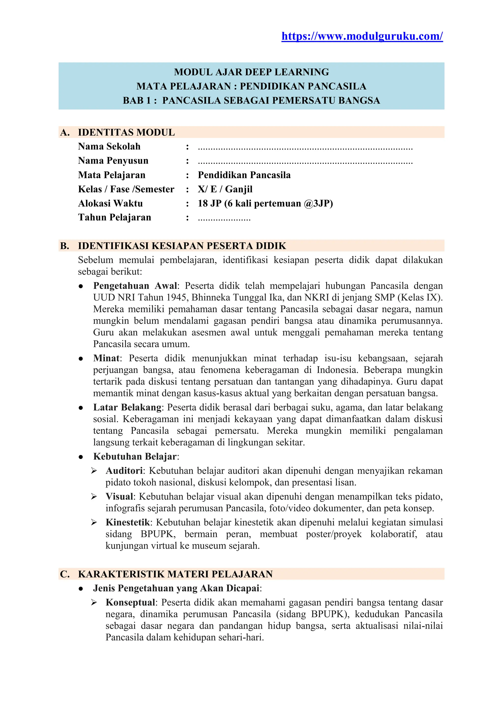 Modul Ajar Deep Learning Pendidikan Pancasila Kelas 10 Kurikulum ...