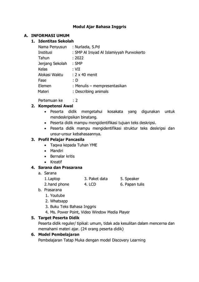 Modul Ajar Describing Animals Fix pdf Modul ajar describing animals fix pdf