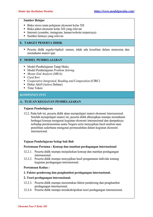 Modul Ajar Ekonomi Kelas 12 Fase F Kurikulum Merdeka | PDF