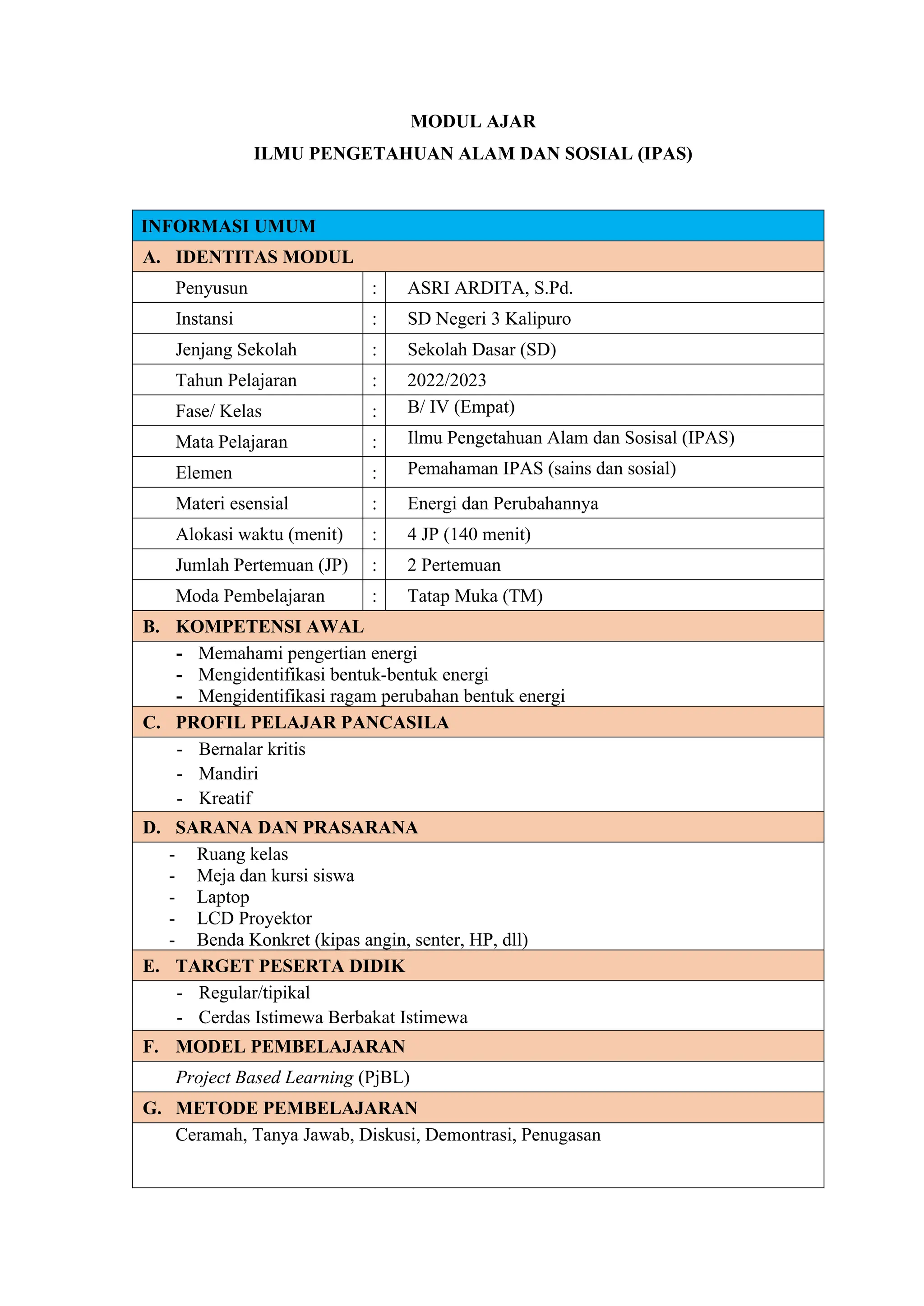 MODUL AJAR IPAS FASE B KELAS 4 Sekolah Dasar | DOCX