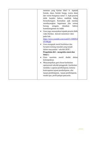tanaman yang Kalian lihat? b. Apakah
bentuk, daun, bentuk bunga, warna daun
dan warna bunganya sama? 3. Ajak peserta
didik berpikir bahwa makhluk hidup
beranekaragam. Kemudian ajak mereka
membayangkan bagaimana jika semua
burung seragam, tekankan bahwa
keanekaragaman itu indah.
 Guru juga menunjukan kepada peserta didik
video berikut, diawali menonton video
pada link.
https://www.youtube.com/watch?v=hM4Vd
ZVXKgQ
 Guru mengajak murid berdiskusi dan
beropini tentang masalah yang terjadi
dalam masyarakat / sekolah (KSE :
Pengelolan diri - mengelola emosi dan
fokus )
 Guru meminta murid duduk dalam
kelompoknya
 Menyampaikan garis besar kurikulum
operasional sekolah penggerak ( kurikulum
merdeka ) capaian pembelajaran, kriteria
ketercapaian tujuan pembelajaran, alur
tujuan pembelajaran, tujuan pembelajaran,
modul ajar, profil pelajar pancasila.
 