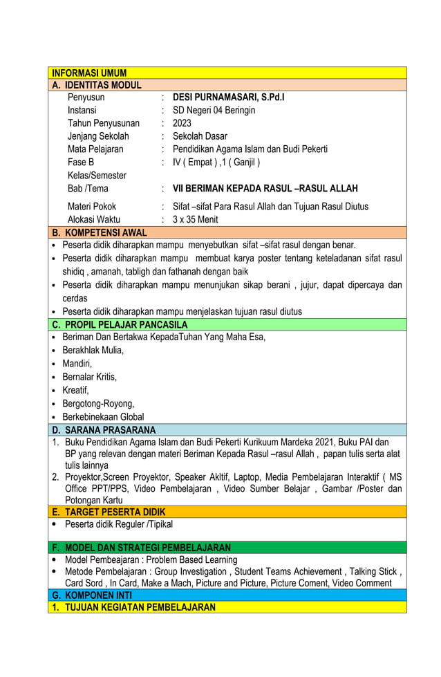 Nathe Rasul Sw MODUL AJAR KELAS 4 SIFAT -SIFAT RASUL ALLAH SWT dan TUJUAN RASUL DIUTUS ...