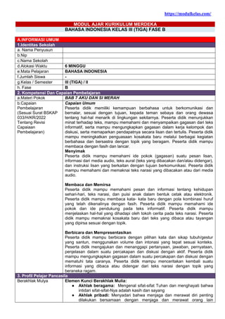 Modul Ajar Bahasa Indonesia Kelas 3 Fase B Kurikulum Merdeka | PDF