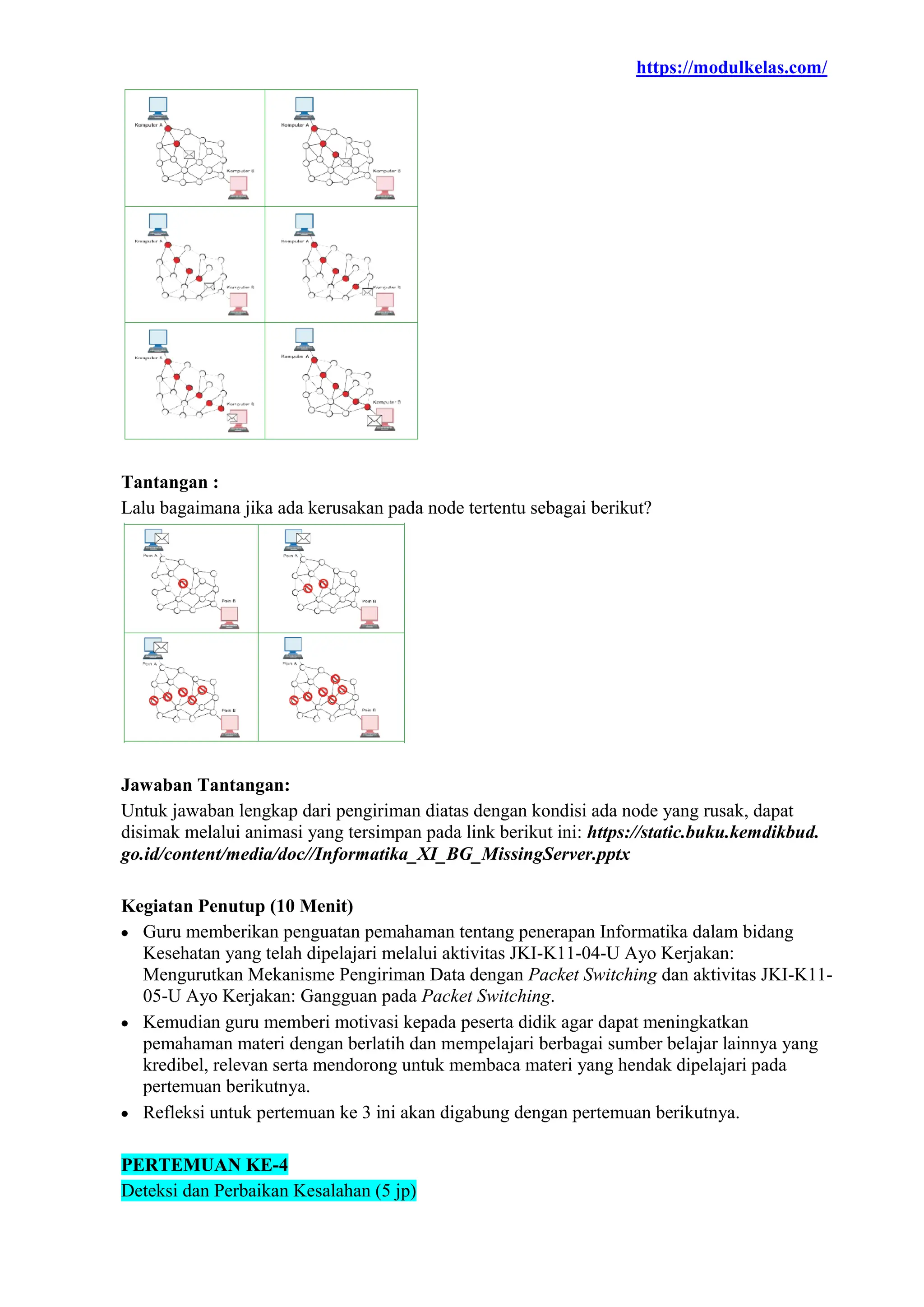 https://modulkelas.com/
Tantangan :
Lalu bagaimana jika ada kerusakan pada node tertentu sebagai berikut?
Jawaban Tantangan:
Untuk jawaban lengkap dari pengiriman diatas dengan kondisi ada node yang rusak, dapat
disimak melalui animasi yang tersimpan pada link berikut ini: https://static.buku.kemdikbud.
go.id/content/media/doc//Informatika_XI_BG_MissingServer.pptx
Kegiatan Penutup (10 Menit)
 Guru memberikan penguatan pemahaman tentang penerapan Informatika dalam bidang
Kesehatan yang telah dipelajari melalui aktivitas JKI-K11-04-U Ayo Kerjakan:
Mengurutkan Mekanisme Pengiriman Data dengan Packet Switching dan aktivitas JKI-K11-
05-U Ayo Kerjakan: Gangguan pada Packet Switching.
 Kemudian guru memberi motivasi kepada peserta didik agar dapat meningkatkan
pemahaman materi dengan berlatih dan mempelajari berbagai sumber belajar lainnya yang
kredibel, relevan serta mendorong untuk membaca materi yang hendak dipelajari pada
pertemuan berikutnya.
 Refleksi untuk pertemuan ke 3 ini akan digabung dengan pertemuan berikutnya.
PERTEMUAN KE-4
Deteksi dan Perbaikan Kesalahan (5 jp)
 