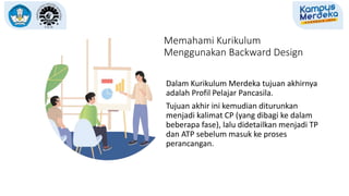 Dalam Kurikulum Merdeka tujuan akhirnya
adalah Profil Pelajar Pancasila.
Tujuan akhir ini kemudian diturunkan
menjadi kalimat CP (yang dibagi ke dalam
beberapa fase), lalu didetailkan menjadi TP
dan ATP sebelum masuk ke proses
perancangan.
Memahami Kurikulum
Menggunakan Backward Design
 