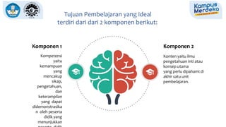 Tujuan Pembelajaran yang ideal
terdiri dari dari 2 komponen berikut:
Komponen 1
Kompetensi
yaitu
kemampuan
yang
mencakup
sikap,
pengetahuan,
dan
keterampilan
yang dapat
didemonstrasika
n oleh peserta
didik yang
menunjukkan
Komponen 2
Konten yaitu ilmu
pengetahuan inti atau
konsep utama
yang perlu dipahami di
akhir satu unit
pembelajaran.
 