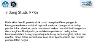 Pada akhir fase E, peserta didik dapat mengidentifikasi pengaruh
keanggotaan kelompok lokal, regional, nasional, dan global terhadap
pembentukan identitas; serta memahami makna dan nilai dari keragaman;
dan mengidentifikasi perlunya melakukan pertukaran budaya dan
kolaborasi dalam dunia yang saling terhubung; serta mengkaji makna dan
manfaat hidup dalam kebinekaan, kaya akan kearifan lokal, dan memilih
produk dalam negeri.
Bidang Studi: PPKn
 