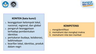 KOMPETENSI
1. mengidentifikasi
2. memahami dan mengkaji makna
3. memahami nilai dan manfaat
KONTEN (kata kunci)
1. keanggotaan kelompok lokal,
nasional, regional, dan global
2. pengaruh keanggotaan
terhadap pembentukan
identitas
3. pertukaran budaya, kolaborasi,
kebhinekaan
4. kearifan lokal, identitas, produk
dalam negri
 