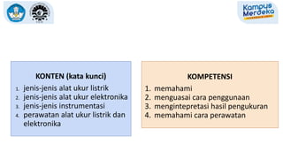 KOMPETENSI
1. memahami
2. menguasai cara penggunaan
3. mengintepretasi hasil pengukuran
4. memahami cara perawatan
KONTEN (kata kunci)
1. jenis-jenis alat ukur listrik
2. jenis-jenis alat ukur elektronika
3. jenis-jenis instrumentasi
4. perawatan alat ukur listrik dan
elektronika
 
