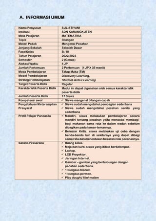 Modul ajar pembelajaran pecahan kelas 3 SD | PDF