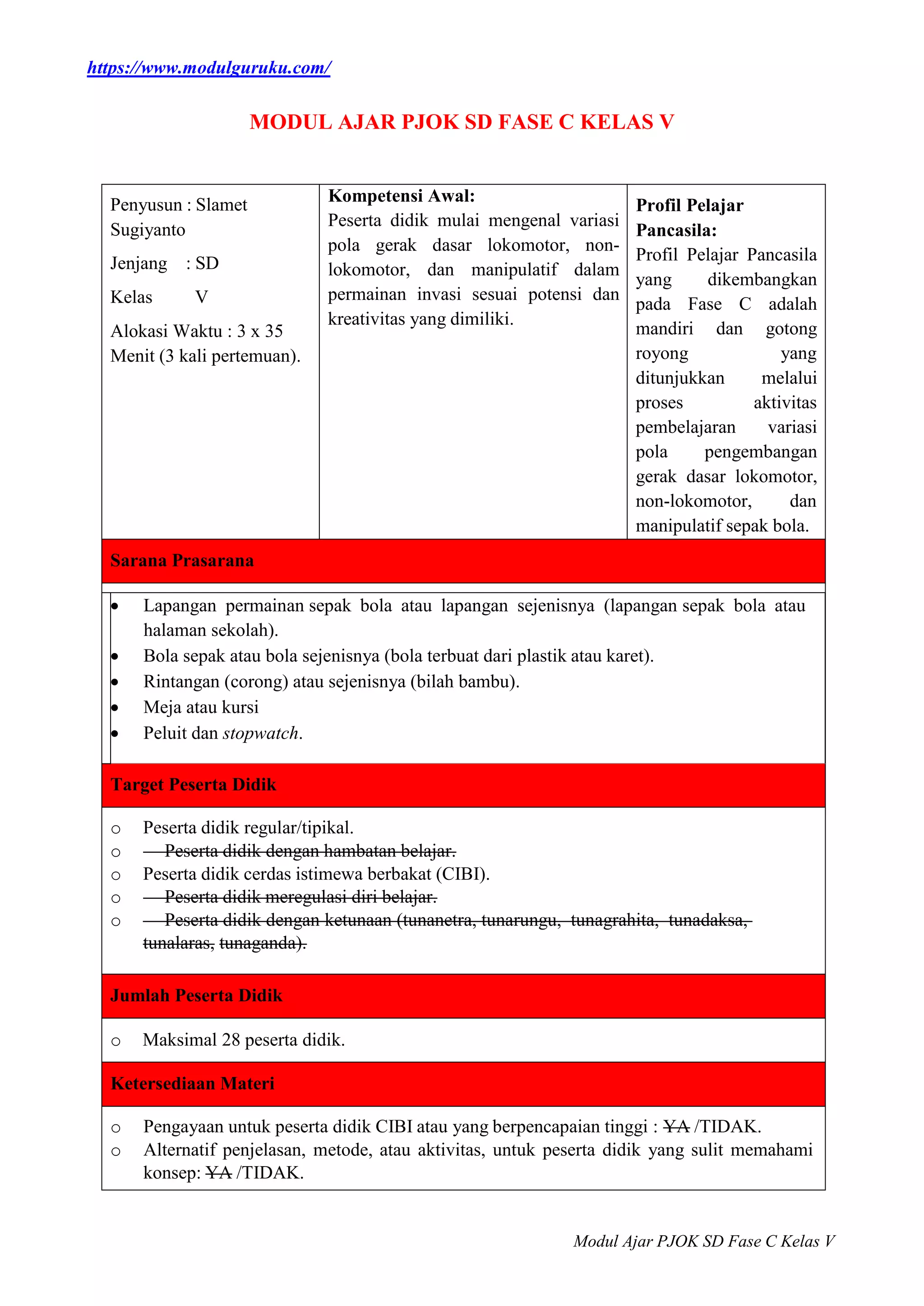 MODUL AJAR PJOK FASE C KELAS 5 KURIKULUM MERDEKA | DOCX