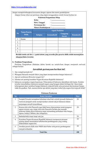 https://www.modulguruku.com/
Modul Ajar PPKn SD Kelas IV
dengan mempertimbangkan kesesuaian dengan capaian dan materi pembelajaran
Adapun format observasi penilaian sikap dapat menggunakan contoh format berikut ini:
Pedoman Pengamatan Sikap
Kelas : ..............................
Hari, Tanggal : ..............................
Pertemuan Ke- : ..............................
Materi Pembelajaran : ..............................
No
Nama Peserta
Didik
Aspek Penilaian
Religius Komunikatif
Tanggung
Jawab
Demokratis
1. Haidar
2.
3.
4.
5.
Berilah tanda cek list () pada kolom yang tersedia jika peserta didik sudah menunjukan
sikap/perilaku tersebut.
b. Penilaian Pengetahuan
Penilaian Pengetahuan dilakukan dalam bentuk tes tertulis/lisan dengan menjawab soal-soal
sebagai berikut:
Jawablah pertanyaan berikut ini!
1. Apa sumpah pemuda itu?
2. Mengapa Pancasila menjadi faktor yang dapat mempersatukan bangsa Indonesia?
3. Apa arti semboyan Bhinneka tunggal ika?
4. Jelaskan arti penting keutuhan Negara Kesatuan Republik Indonesia?
5. Indonesia merupakan negara kepulauan. Pulau-pulau di Indonesia dipisahkan oleh lautan. Kondisi
tersebut menyebabkan Indonesia menjadi negara yang beragam dalam berbagai hal. Akan tetapi,
keberagaman akan membuat bangsa Indonesia terpecah belah serta persatuan dan kesatuan bangsa
tidak diwujudkan. Nah, menurut kalian apa akibat yang akan timbul jika negara kita terpecah belah?
Pedoman Penskoran
No Kunci Jawaban Skor
1. Sumpah Pemuda merupakan kebulatan tekad dari seluruh pemuda Indonesia
melawan penjajah untuk mempersatukan seluruh rakyat Indonesia dalam
perjuangan meraih kemerdekaan
20
2. Karena nilai-nilai Pancasila juga tidak hanya diperuntukan untuk penganut
agama tertentu saja, tetapi nilai-nilai Pancasila berlaku dan menjadi
pedoman hidup rakyat Indonesia tanpa memandang perbedaan suku bangsa,
agama, budaya, Bahasa, dan sebagainya.
20
3. Berbeda-beda tetapi tetapi satu jua 20
4. Keutuhan Negara Kesatuan Republik Indonesia mempunyai peranan
penting dalam menentukan keberhasilan pembangunan yang sedang
dilaksanakan negara kita.
20
5. Jawaban peserta didik akan NKRI akan bubar serta proses pembangunan
menjadi terhambat.
20
Total Sko 100
 