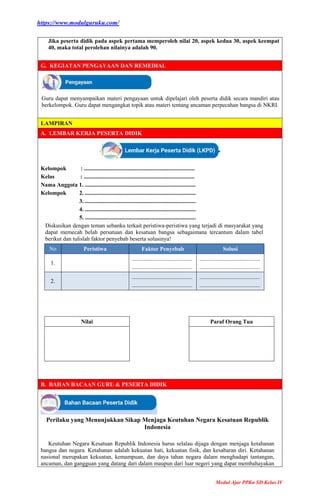 https://www.modulguruku.com/
Modul Ajar PPKn SD Kelas IV
Jika peserta didik pada aspek pertama memperoleh nilai 20, aspek kedua 30, aspek keempat
40, maka total perolehan nilainya adalah 90.
G. KEGIATAN PENGAYAAN DAN REMEDIAL
Guru dapat menyampaikan materi pengayaan untuk dipelajari oleh peserta didik secara mandiri atau
berkelompok. Guru dapat mengangkat topik atau materi tentang ancaman perpecahan bangsa di NKRI.
LAMPIRAN
A. LEMBAR KERJA PESERTA DIDIK
Kelompok : .............................................................................
Kelas : .............................................................................
Nama Anggota 1. .............................................................................
Kelompok 2. .............................................................................
3. .............................................................................
4. .............................................................................
5. .............................................................................
Diskusikan dengan teman sebanku terkait peristiwa-peristiwa yang terjadi di masyarakat yang
dapat memecah belah persatuan dan kesatuan bangsa sebagaimana tercantum dalam tabel
berikut dan tulislah faktor penyebab beserta solusinya!
No Peristiwa Faktor Penyebab Solusi
1.
..........................................
..........................................
..........................................
..........................................
2.
..........................................
..........................................
..........................................
..........................................
Nilai Paraf Orang Tua
B. BAHAN BACAAN GURU & PESERTA DIDIK
Perilaku yang Menunjukkan Sikap Menjaga Keutuhan Negara Kesatuan Republik
Indonesia
Keutuhan Negara Kesatuan Republik Indonesia harus selalau dijaga dengan menjaga ketahanan
bangsa dan negara. Ketahanan adalah kekuatan hati, kekuatan fisik, dan kesabaran diri. Ketahanan
nasional merupakan kekuatan, kemampuan, dan daya tahan negara dalam menghadapi tantangan,
ancaman, dan gangguan yang datang dari dalam maupun dari luar negeri yang dapat membahayakan
 