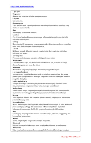 https://www.modulguruku.com/
Modul Ajar PPKn SD Kelas IV
Tepat guna.
Ekspektasi
Harapan atau keyakinan terhadap sesuatu/seseorang.
Gagasan
Ide, pemikiran.
Gotong royong
Kerja bersama untuk kepentingan bersama atau sebagai bentuk tolong menolong yang
dilakukan secara sukarela.
Hak
Sesuatu yang telah dimiliki manusia.
Identitas
Ciri-ciri atau keadaan khusus seseorang yang terbentuk dari pengahayatan nilai-nilai
kebiasaan dan budayanya.
Idiologi
Kumpulan ide-ide atau gagasan yang mengandung keyakinan dan mendorong perubahan
untuk suatu upaya perbaikan situasi masyarakat.
Jatidiri
Kekhasan yang ada dalam diri manusia yang terbentuk dari penghyatan nilai-nilai,
kebiasaan atau budaya.
Keberagaman
Perbedaan-perbedaan yang ada dalam kehidupan bermasyarakat.
Kebudayaan
Keseluruhan hasil cipta, rasa, karsa dalam bentuk bahasa, seni, ekonomi, teknologi,
ekspresi beragama, cara kerja, dan sistem.
Konstitusi
Hukum dasar yang menjadi pegangan dalam menyelenggarakan negara.
Metode pembelajaran
Merupakan cara yang dilakukan guru untuk mewujudkan suasana belajar dan proses
pembelajaran agar peserta didik mencapai kompetensi dasar atau seperangkat indikator
yang telah ditetapkan.
Model pembelajaran
Merupakan kerangka konseptual yang melukiskan prosedur yang sistematis dalam
mengorganisasikan pengalaman belajar untuk mencapai tujuan belajar.
Nasionalisme
Paham tentang bangsa yang mengandung kesadaran tentang cinta dan semangat tanah
air, memiliki rasa kebanggan sebagai bangsa dan memelihara kehormatan bangsa.
Negara
Suatu organisasi manusia atau kumpulan manusia-manusia yang berada di bawah suatu
pemerintahan yang sama.
Negara kesatuan
Negara berdaulat yang diselenggarakan sebagai satu kesatuan tunggal, di mana pemerintah
pusat adalah yang tertinggi dan satuan-satuan subnasionalnya hanya enjalankan
kekuasaan-kekuasaan yang dipilih oleh pemerintah pusat untuk didelegasikan.
Nilai
Sesuatu yang menyempurnakan manusia sesuai hakikatnya, sifat-sifat yang penting atau
berguna bagi kemanusiaan.
Norma
Aturan yang mengikat warga suatu kelompok masyarakat.
Observasi
kegiatan mengamati objek tertentu untuk mendapatkan informasi secara langsung.
Patriotisme
Sikap cinta tanah air yang mendorong mampu berkorban untuk kepentingan kemajuan
 