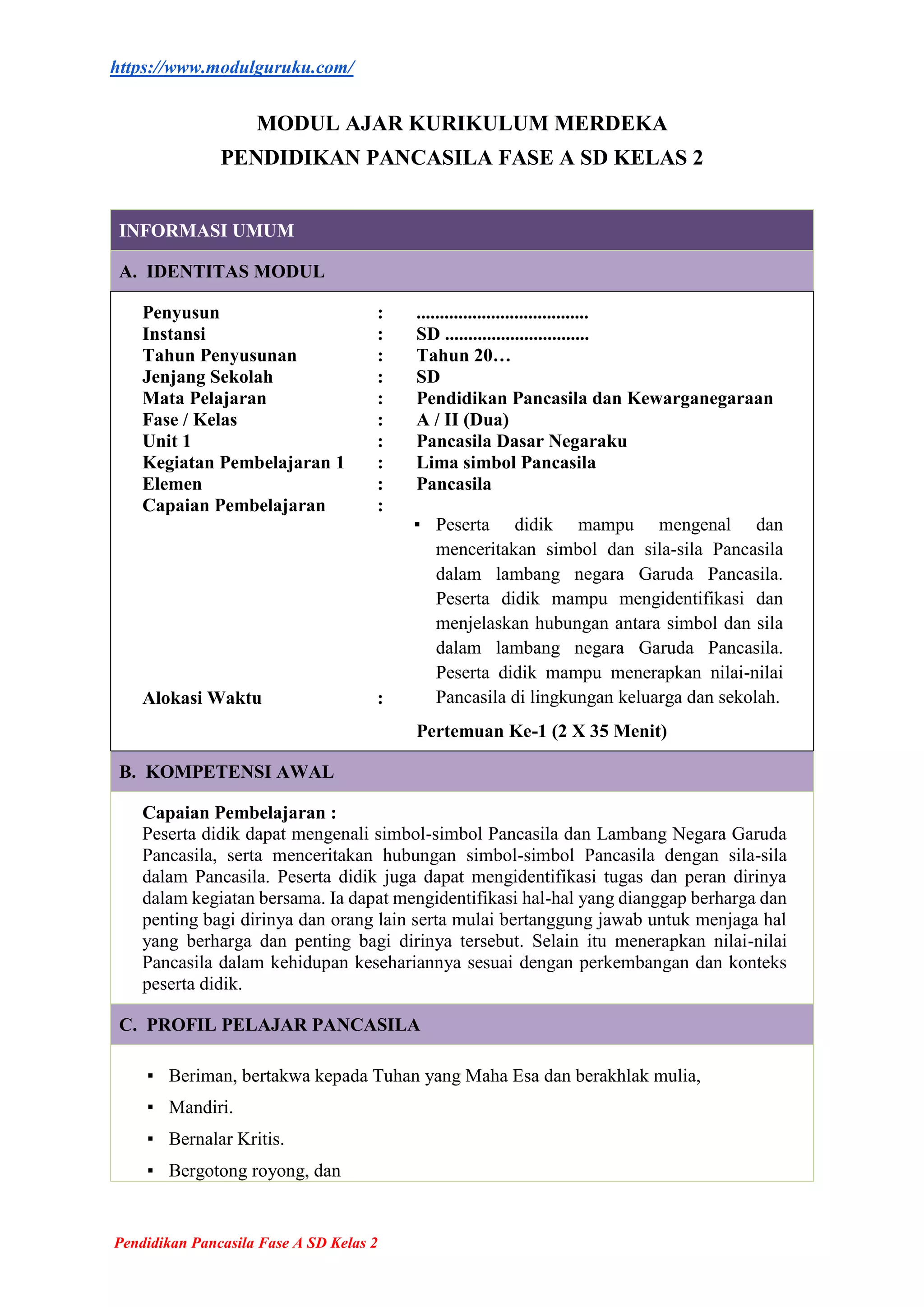 MODUL AJAR PPKN KELAS 2 BAB 1 KURIKULUM MERDEKA.docx