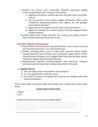 13
3) Sebelum film dimulai, guru memberikan beberapa pertanyaan sebagai
panduan peserta didik dalam menonton film tersebut.
a) Bagaimana keragaman dikelola agar bisa mencapai tujuan yang dicita-
citakan?
b) Apa saja peristiwa yang menjadi tonggak keberhasilan dalam upaya
menyatukan perbedaan-perbedaan suku, agama, ras, dan golongan
dalam sejarah Indonesia?
c) Bagaimana jati diri bangsa Indonesia dalam bidang pendidikan?
d) Bagaimana relevansi film tersebut dengan Pancasila sebagai identitas
bangsa Indonesia?
4) Setelah peserta didik selesai menonton film tersebut, guru dapat memandu
diskusi melalui pertanyaan-pertanyaan di atas.
Alternatif Kegiatan Pembelajaran
1) Peserta didik beraktivitas dalam beberapa kelompok untuk mencari informasi
penting terkait pertanyaan kunci yang diberikan guru.
2) Setelah membagi peserta didik ke dalam lima kelompok sesuai dengan
masing-masing sila pada Pancasila, guru memberikan tugas kepada masing--
masing kelompok tersebut untuk menggali filosofi apa yang ada pada masing--
masing sila sebagai identitas bangsa Indonesia.
3) Masing-masing kelompok mempresentasikan hasil diskusinya mengenai
identitas yang terkandung dalam masing-masing sila dari Pancasila.
c. Kegiatan Penutup
1) Guru dan peserta didik menyimpulkan materi pelajaran.
2) Guru dan peserta didik melakukan releksi.
3) Guru dapat memberikan penugasan dan informasi lain sebagai tindak lanjut
proses pembelajaran.
Peserta didik dapat menuliskan releksi hasil belajar hari ini pada kolom releksi (Buku
Siswa).
Lembar Releksi Peserta Didik
Tanggal :
Nama :
Dari proses belajar hari ini, hal yang saya pahami adalah
.............................................................................................................................
.............................................................................................................................
.............................................................................................................................
.......................................
 