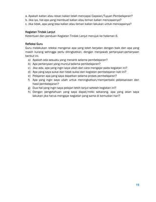 15
a. Apakah kalian atau rekan kalian telah mencapai Capaian/Tujuan Pembelajaran?
b. Jika iya, hal apa yang membuat kalian atau teman kalian mencapainya?
c. Jika tidak, apa yang bisa kalian atau teman kalian lakukan untuk mencapainya?
Kegiatan Tindak Lanjut
Ketentuan dan panduan Kegiatan Tindak Lanjut merujuk ke halaman 6.
Refleksi Guru
Guru melakukan releksi mengenai apa yang telah berjalan dengan baik dan apa yang
masih kurang sehingga perlu ditingkatkan, dengan menjawab pertanyaan-pertanyaan
berikut ini.
a) Apakah ada sesuatu yang menarik selama pembelajaran?
b) Apa pertanyaan yang muncul selama pembelajaran?
c) Jika ada, apa yang ingin saya ubah dari cara mengajar pada kegiatan ini?
d) Apa yang saya sukai dan tidak sukai dari kegiatan pembelajaran kali ini?
e) Pelajaran apa yang saya dapatkan selama proses pembelajaran?
f) Apa yang ingin saya ubah untuk meningkatkan/memperbaiki pelaksanaan dan
hasil pembelajaran?
g) Dua hal yang ingin saya pelajari lebih lanjut setelah kegiatan ini?
h) Dengan pengetahuan yang saya dapat/miliki sekarang, apa yang akan saya
lakukan jika harus mengajar kegiatan yang sama di kemudian hari?
 