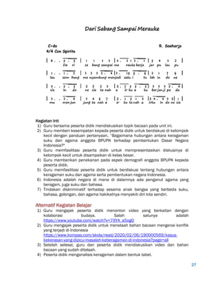 27
Kegiatan Inti
1) Guru bersama peserta didik mendiskusikan topik bacaan pada unit ini.
2) Guru memberi kesempatan kepada peserta didik untuk berdiskusi di kelompok
kecil dengan panduan pertanyaan, “Bagaimana hubungan antara keragaman
suku dan agama anggota BPUPK terhadap pembentukan Dasar Negara
Indonesia?"
3) Guru memfasilitasi peserta didik untuk mempresentasikan diskusinya di
kelompok kecil untuk disampaikan di kelas besar.
4) Guru memberikan penekanan pada aspek demografi anggota BPUPK kepada
peserta didik.
5) Guru memfasilitasi peserta didik untuk berdiskusi tentang hubungan antara
keragaman suku dan agama serta pembentukan negara Indonesia.
6) Indonesia adalah negara di mana di dalamnya ada penganut agama yang
beragam, juga suku dan bahasa.
7) Tindakan diskriminatif terhadap sesama anak bangsa yang berbeda suku,
bahasa, golongan, dan agama hakikatnya menyakiti diri kita sendiri.
Alternatif Kegiatan Belajar
1) Guru mengajak peserta didik menonton video yang berkaitan dengan
kolaborasi budaya. Salah satunya adalah
https://www.youtube.com/watch?v=79YA_a5ogQ
2) Guru mengajak peserta didik untuk menelaah bahan bacaan mengenai konflik
yang terjadi di Indonesia
https://www.kompas.com/skola/read/2020/02/06/190000569/kasus-
kekerasan-yang-dipicu-masalah-keberagaman-di-indonesia?page=all
3) Setelah selesai, guru dan peserta didik mendiskusikan video dan bahan
bacaan yang sudah ditelaah.
4) Peserta didik menganalisis keragaman dalam bentuk tabel.
 