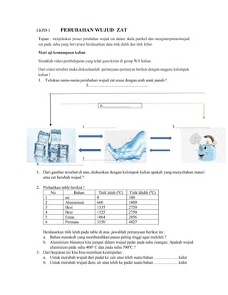 LKPD 1 PERUBAHAN WUJUD ZAT
Tujuan : menjelaskan proses perubahan wujud zat dalam skala partikel dan menginterpretasiwujud
zat pada suhu yang bervariasi berdasarkan data titik didih dan titik lebur.
Mari uji kemampuan kalian
Simaklah video pembelajaran yang telah guru kirim di group WA kalian.
Dari video tersebut maka diskusikanlah pertanyaan-pertanyan berikut dengan anggota kelompok
kalian !
1. Tuliskan nama-nama perubahan wujud zat seuai dengan arah anak panah !
5……………………………………..
6…………………
1. …………………. 3……………………..
….
2.……………………
4……………………………
1. Dari gambar tersebut di atas, diskusikan dengan kelompok kalian apakah yang menyebakan materi
atau zat berubah wujud ?
2. Perhatikan table berikut !
No Bahan Titik leleh (0
C) Titik ldidih (0
C)
1 air 0 100
2 Aluminium 660 1800
3 Besi 1535 2750
4 Besi 1525 2750
5 Emas 1064 2856
6 Permata 3550 4827
Berdasarkan titik leleh pada table di atas ,jawablah pertanyaan berikut ini :
a. Bahan manakah yang membutuhkan panas paling tinggi agar meleleh ?
b. Aluminium biasanya kita jumpai dalam wujud padat pada suhu ruangan. Apakah wujud
aluminium pada suhu 400o
C dan pada suhu 7000
C ?
3. Dari kegiatan ini kita bisa membuat kesimpulan :
a. Untuk merubah wujud dari padat ke cair atau leleh suatu bahan ………………kalor
b. Untuk merubah wujud daric air atau leleh ke padat suatu bahan ………………kalor
 