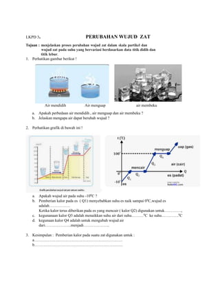 LKPD 3. PERUBAHAN WUJUD ZAT
Tujuan : menjelaskan proses perubahan wujud zat dalam skala partikel dan
wujud zat pada suhu yang bervariasi berdasarkan data titik didih dan
titik lebur.
1. Perhatikan gambar berikut !
Air mendidih Air menguap air membeku
a. Apakah perbedaan air mendidih , air menguap dan air membeku ?
b. Jelaskan mengapa air dapat berubah wujud ?
2. Perhatikan grafik di bawah ini !
a. Apakah wujud air pada suhu -100
C ?
b. Pemberian kalor pada es ( Q1) menyebabkan suhu es naik sampai 00
C,wujud es
adalah…………….
Ketika kalor terus diberikan pada es yang mencair ( kalor Q2) digunakan untuk………….,
c. kegunanaan kalor Q3 adalah menaikkan suhu air dari suhu………0
C ke suhu………….0
C
d. kegunaan kalor Q4 adalah untuk mengubah wujud air
dari………………..menjadi………………..
3. Kesimpulan : Pemberian kalor pada suatu zat digunakan untuk :
a………………………………………………………….
b………………………………………………………….
 