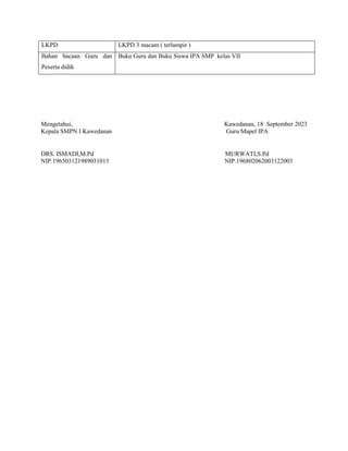 LKPD LKPD 3 macam ( terlampir )
Bahan bacaan Guru dan
Peserta didik
Buku Guru dan Buku Siswa IPA SMP kelas VII
Mengetahui, Kawedanan, 18 September 2023
Kepala SMPN I Kawedanan Guru Mapel IPA
DRS. ISMADI,M.Pd MURWATI,S.Pd
NIP.196503121989031013 NIP.196802062003122003
 